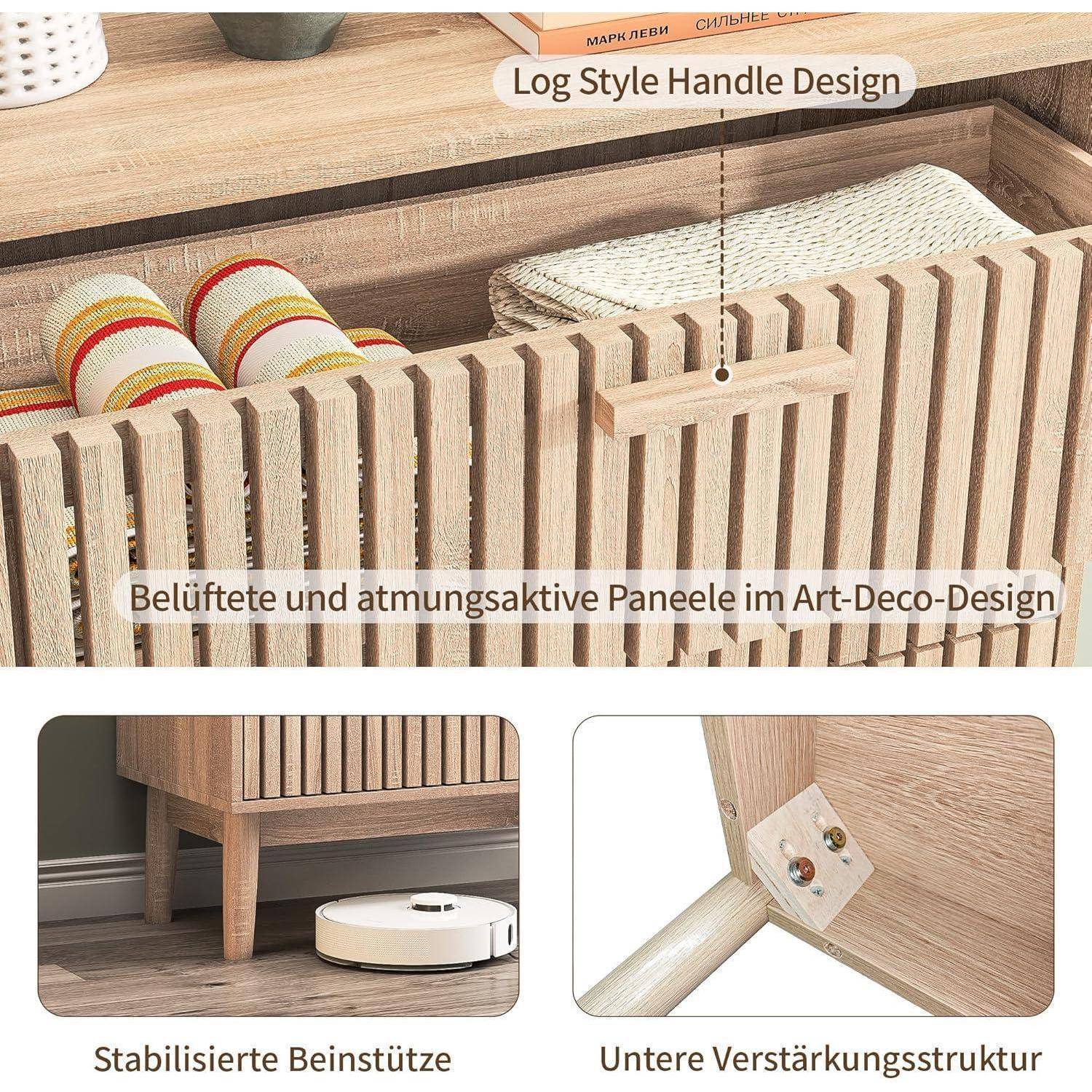 Holzlagerkiste mit lamellenverziertem Art-Deco-Stil-Panel, Griff im Baumstammstil und verstärkten Beinen; eingefräste Details heben Träger und Unterstruktur hervor.