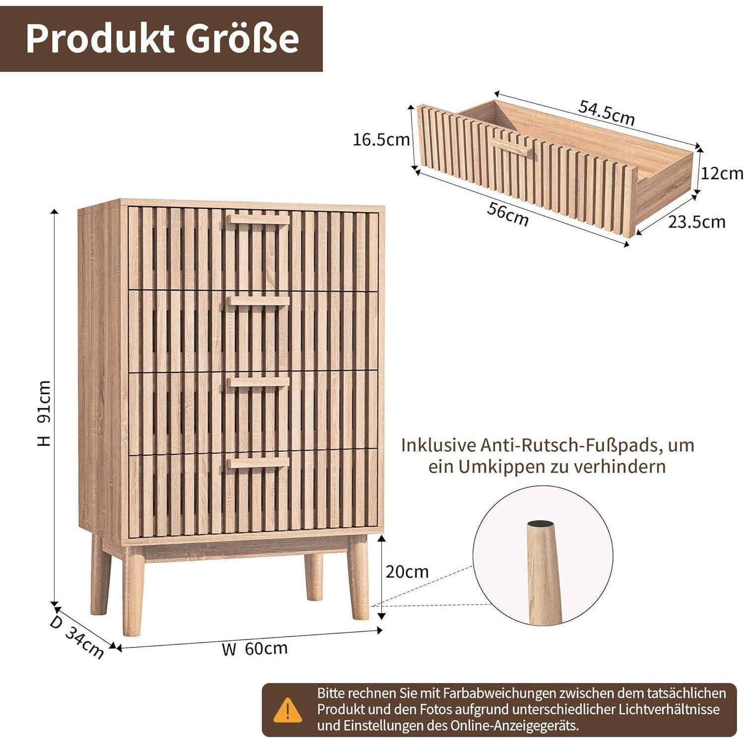 Infografik zu den Abmessungen eines Holzlattenkasten mit einem 91 cm hohen, 60 cm breiten und 34 cm tiefen Schrank und einem 56 x 23,5 x 12 cm großen Schubladeneinsatz mit rutschfesten Fußpolstern.