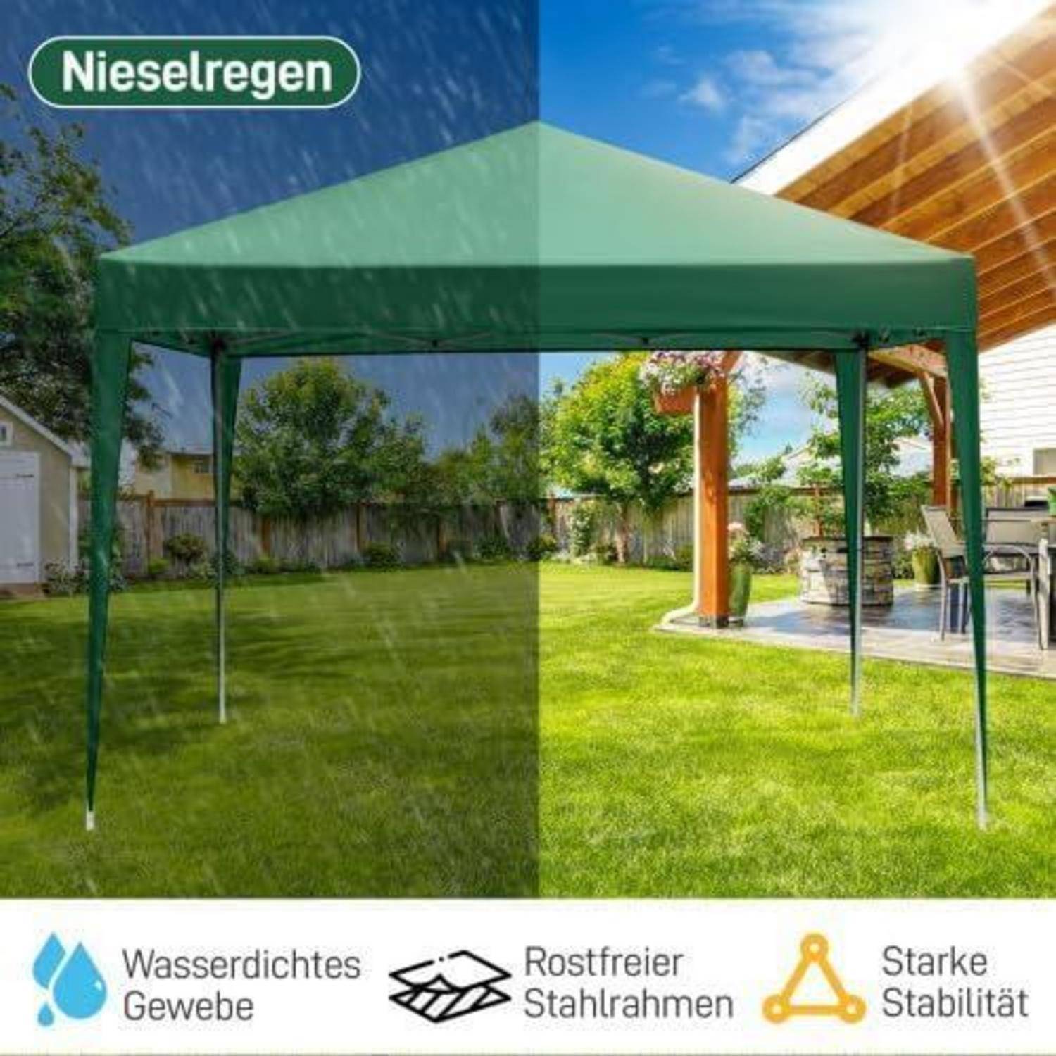 Grünes Pop-up-Baldachindach im Hinterhof, aufgeteilt zwischen Regen und Sonne; gekennzeichnet mit "Nieselregen"" und Symbolen/Text für wasserdichtes Material, rostfreies Stahlgestell und starke Stabilität.