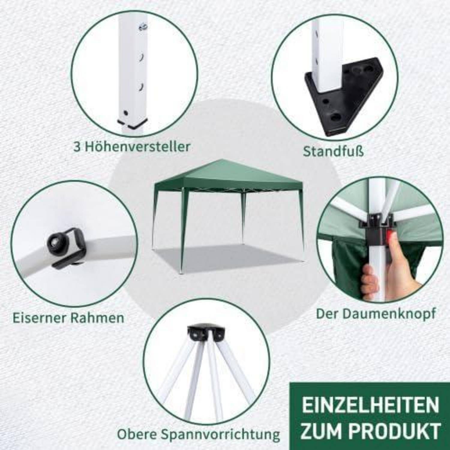 Illustriertes Pop-up-Baldachindachzelt mit gekennzeichneten Merkmalen: 3 Höheneinstellungen, Ständerfuß, Eisengestell, Daumenschalter und obere Spannvorrichtung.