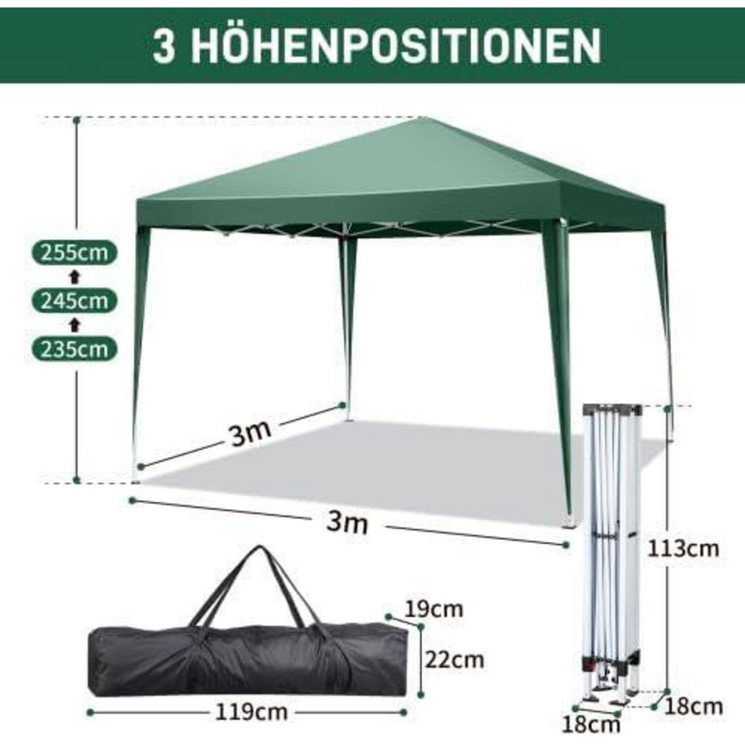 Abbildung eines grünen Pop-Up-Pavillon-Zelts mit „3 HÖHENPOSITIONEN" und Maßen: 3m x 3m, Höhen 235cm, 245cm, 255cm; Packgröße 119cm x 22cm, Gestell 113cm hoch.