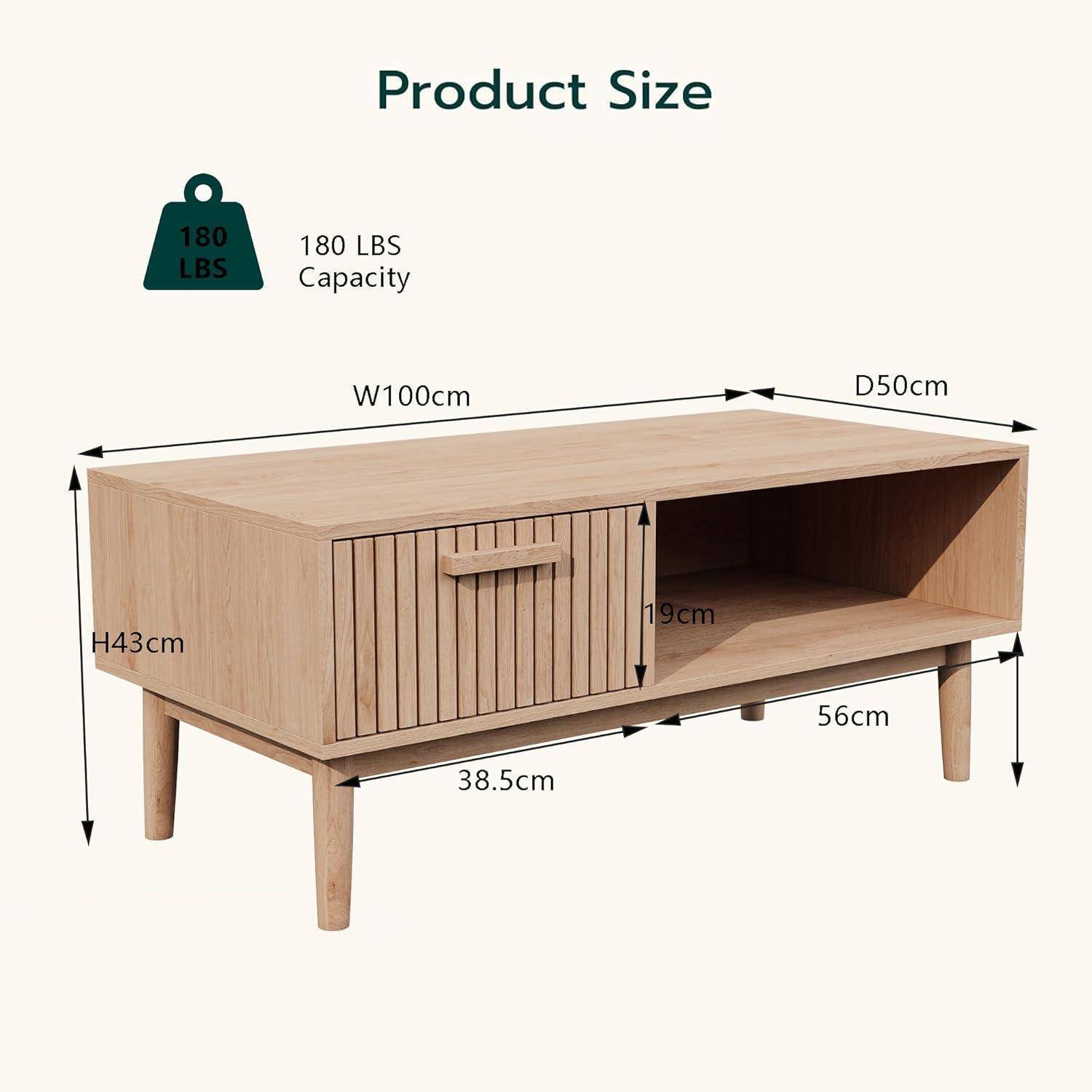 Größendiagramm eines hölzernen Lagertisches: 100 cm breit, 50 cm tief, 43 cm hoch, mit 180 kg Tragfähigkeit und einer 19 cm großen Türöffnung.