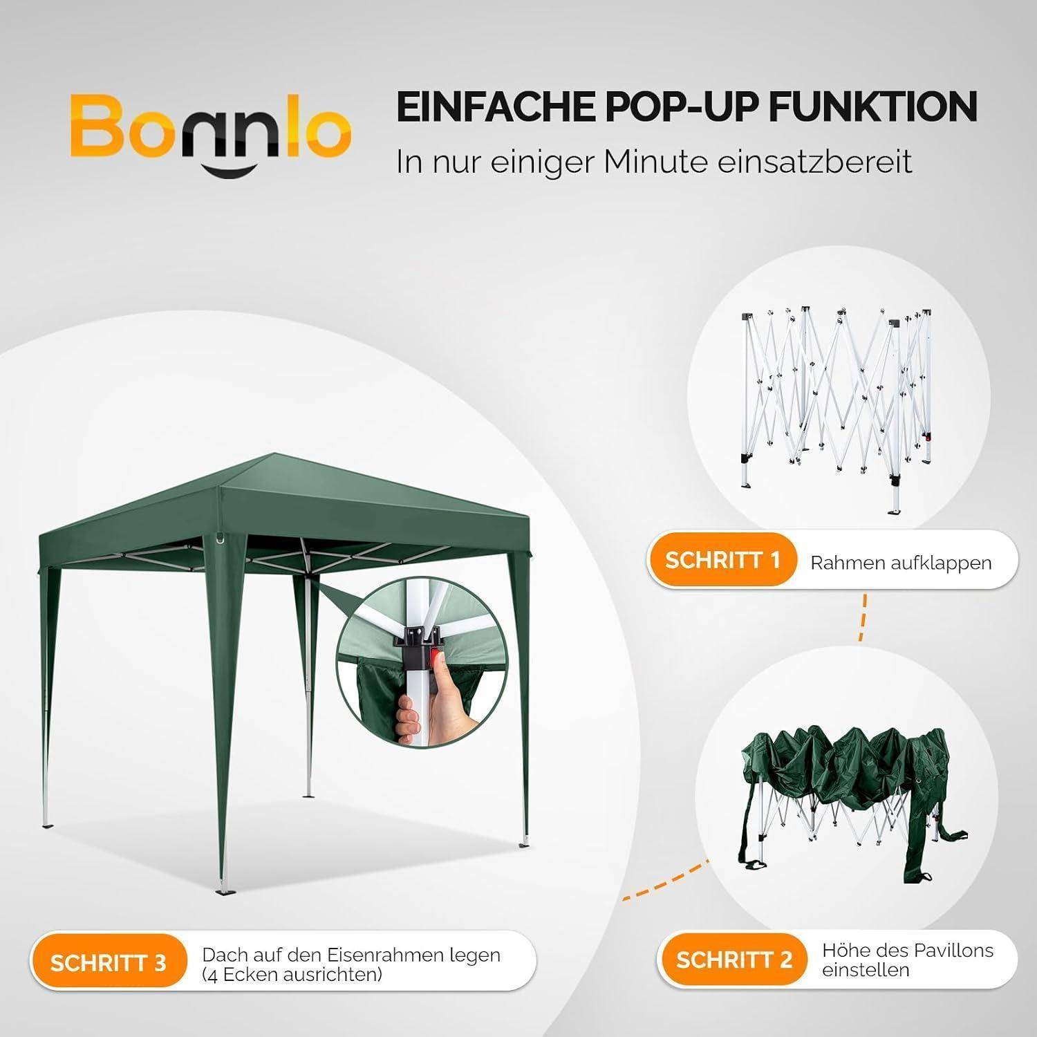 Bonnlo Pop-up Pavillon 3x3m Grün, faltbar, wasserdicht, höhenverstellbar