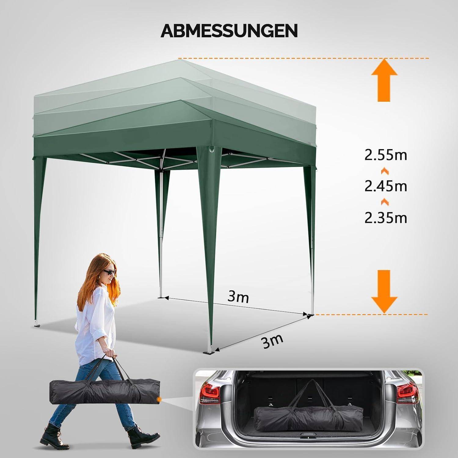 Bonnlo Pop-up Pavillon 3x3m Grün, faltbar, wasserdicht, höhenverstellbar