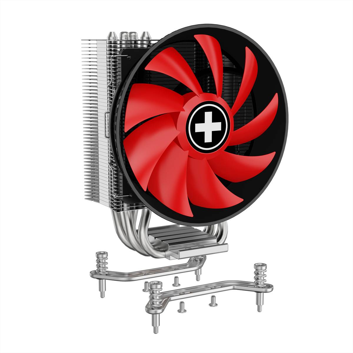 Computer-CPU-Kühler mit einem rot-schwarzen Lüfter, Kühlkörperlamellen und Befestigungshardware, die unten separat dargestellt sind.
