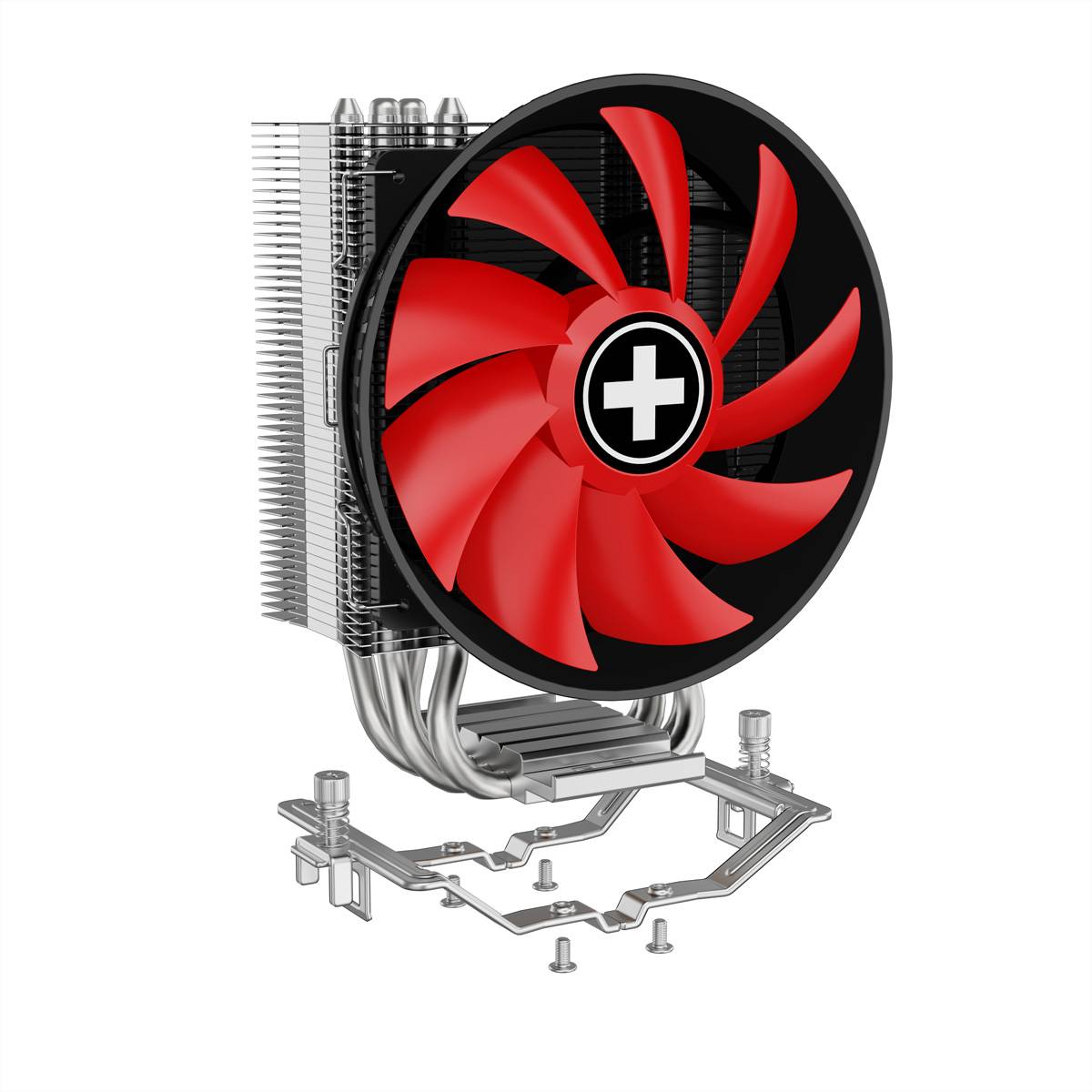 CPU-Kühler für Computer mit rotem Lüfter und Kühlkörper, gezeigt mit Befestigungshalterung und Wärmerohr für die Installation.