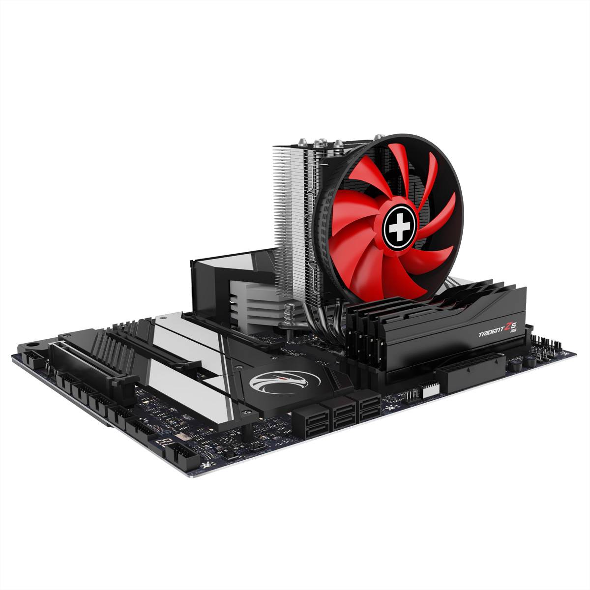 Mainplatine mit einem großen rot-schwarzen CPU-Kühler installiert, isoliert auf weißem Hintergrund gezeigt.
