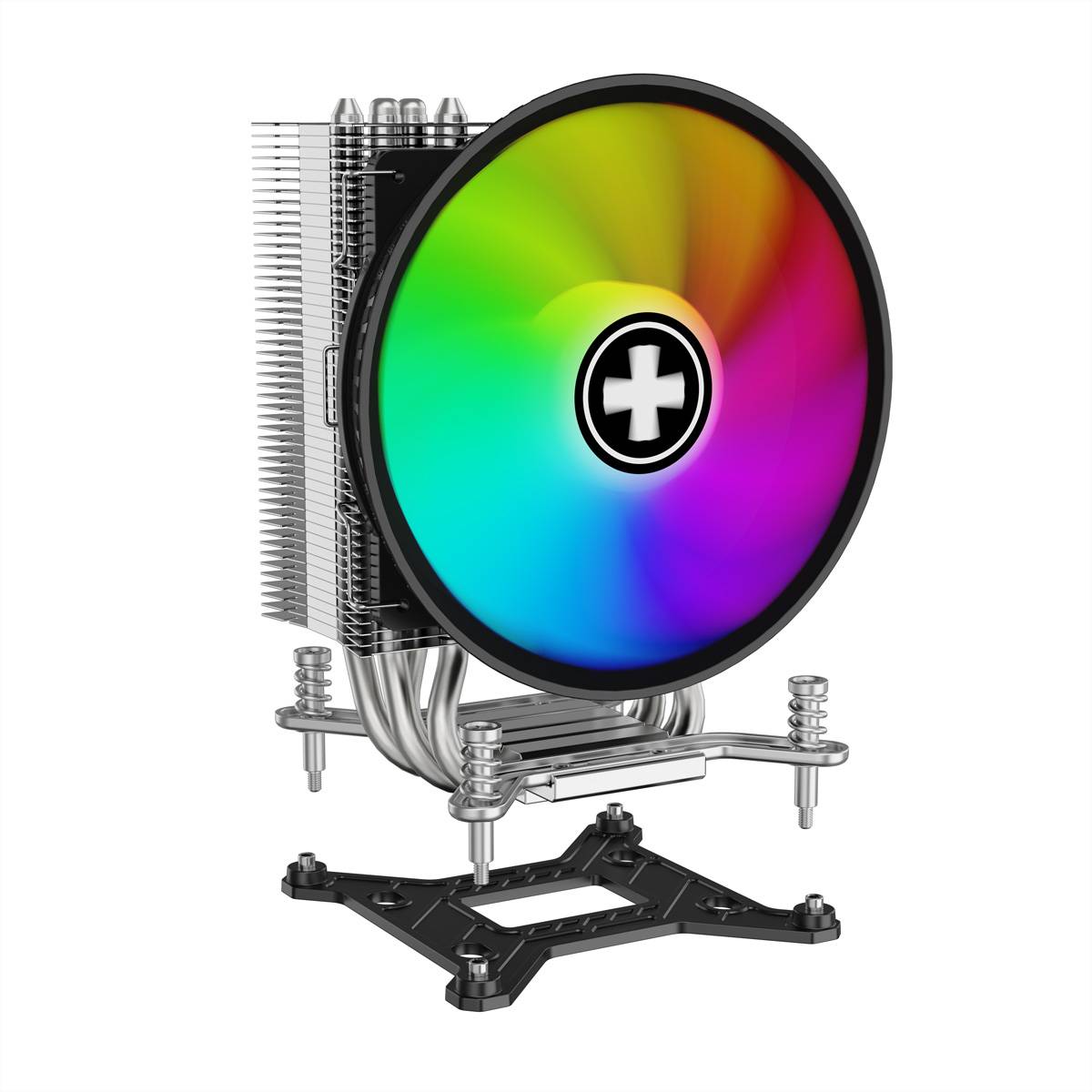 CPU-Kühler für Computer mit regenbogenfarbigem RGB-Lüfter, Kühlrippen und Befestigungszubehör auf weißem Hintergrund.