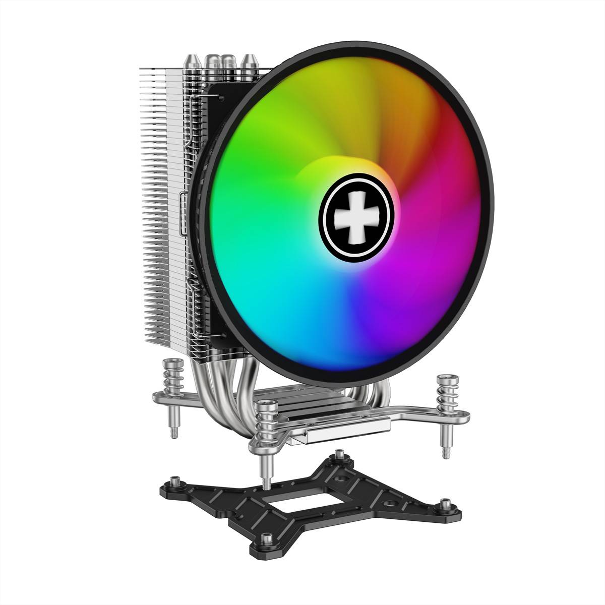 Computerkühler mit regenbogenfarben RGB-Lüfter und Metallkühlkörper auf weißem Hintergrund, dargestellt mit Montagehalterung darunter.