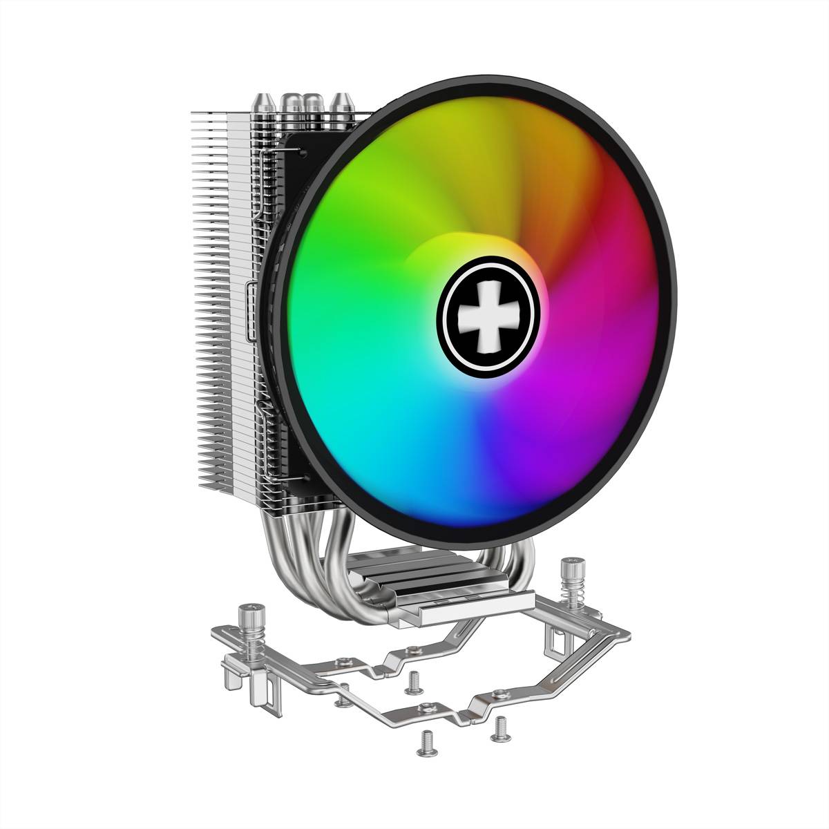 Prozessorkühler mit regenbogenfarbig beleuchtete RGB-Lüfter und Kühlkörper, montiert auf einer Metallhalterung, vor weißem Hintergrund.