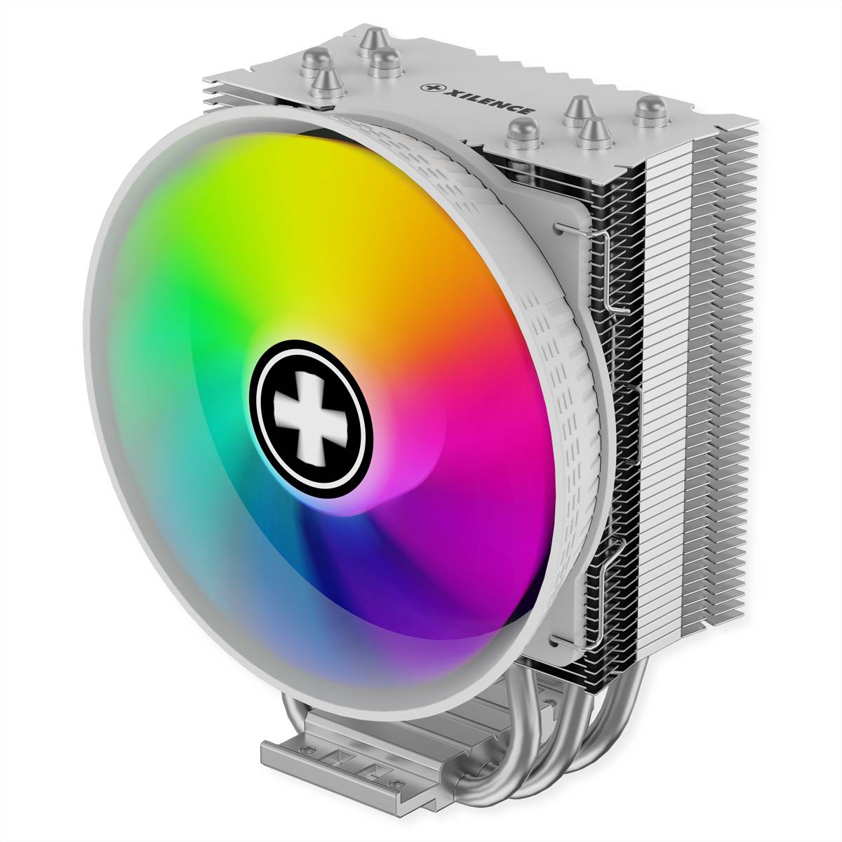 Ein silberner Computerprozessor-Kühlkörper mit einem regenbogenfarbig RGB-beleuchteten Lüfter und einem weißen Plussymbol auf der zentralen Nabe.