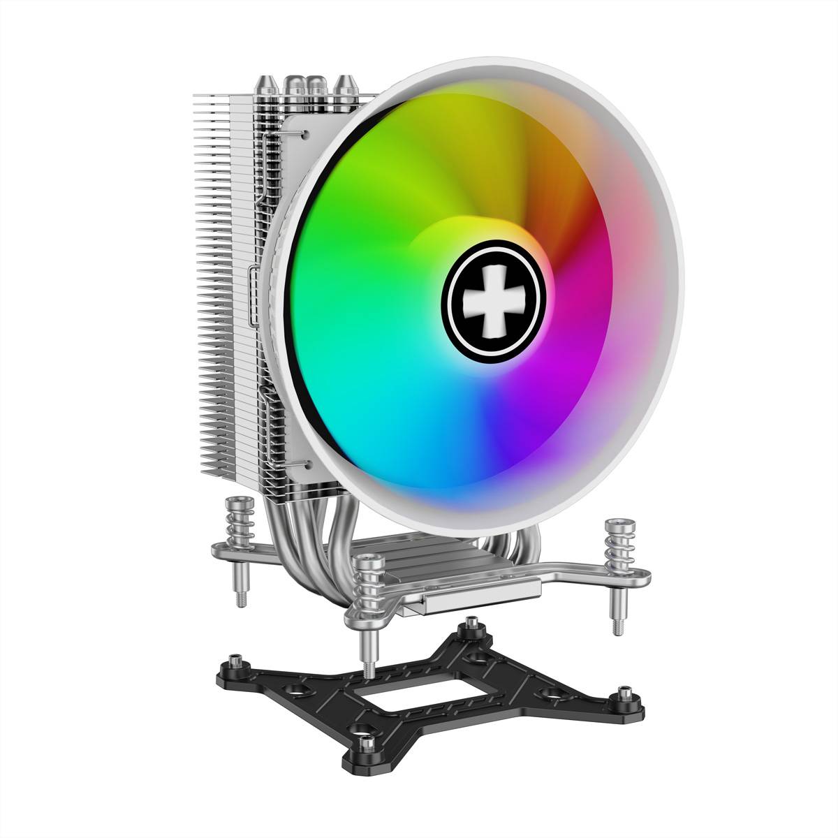 CPU-Kühler für Computer mit buntem RGB-Lüfter und metallischem Kühlkörper, gezeigt über einer Montageklammer auf weißem Hintergrund.