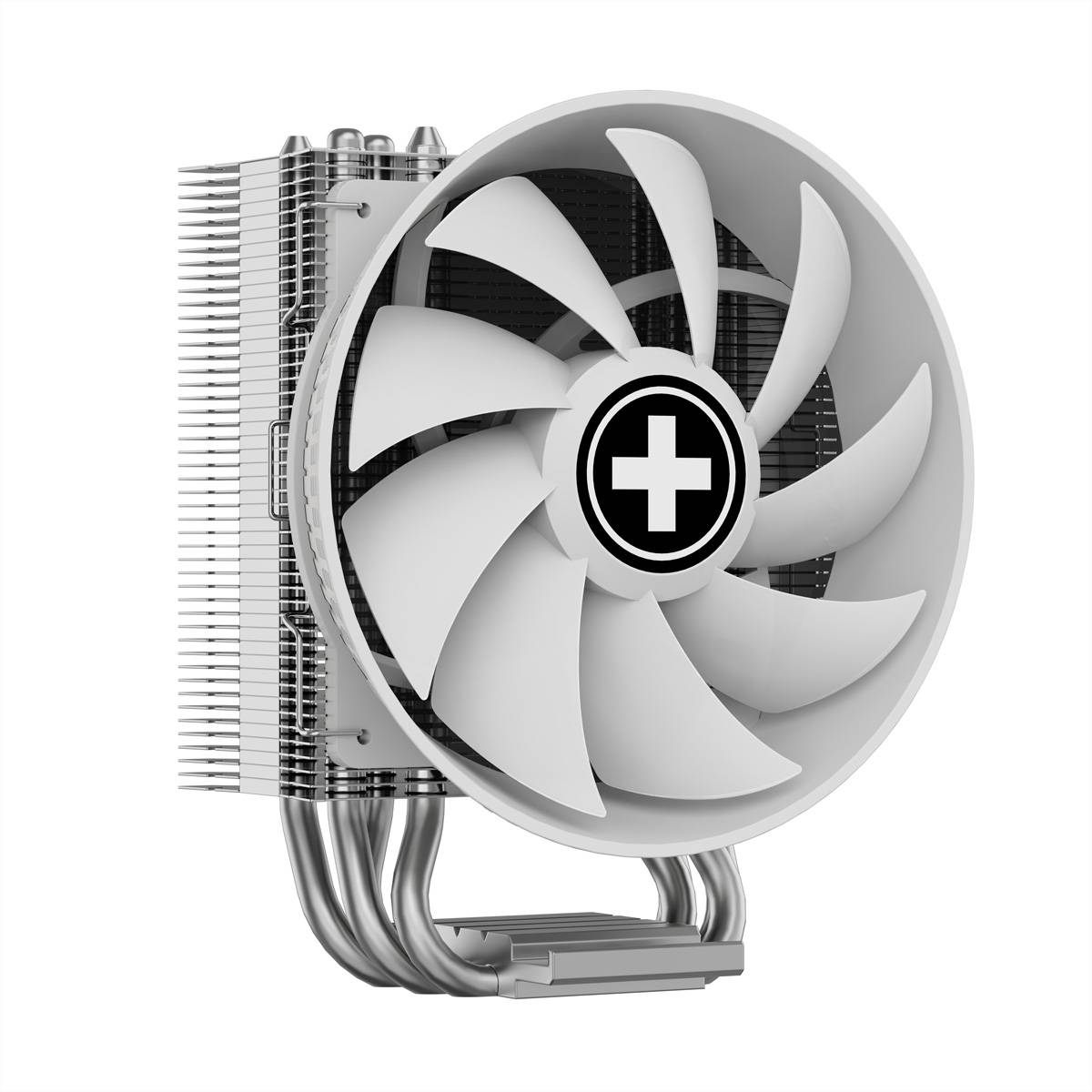 CPU-Kühler mit großem Lüfter und Kühlkörper, mit einem zentralen Plussymbol, das eine Kühlkomponente anzeigt.