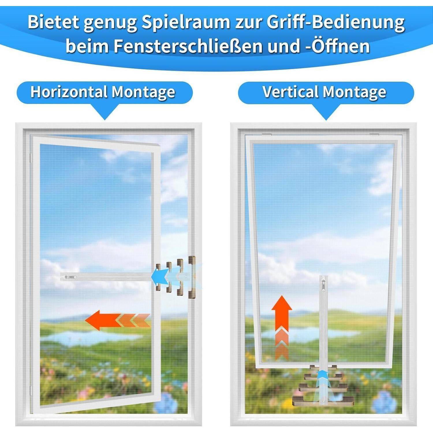 Vergleichsgrafik, die ausreichend Platz für die Betätigung des Fenstergriffs während des Öffnens und Schließens zeigt, mit beschrifteten horizontalen und vertikalen Montagemöglichkeiten.