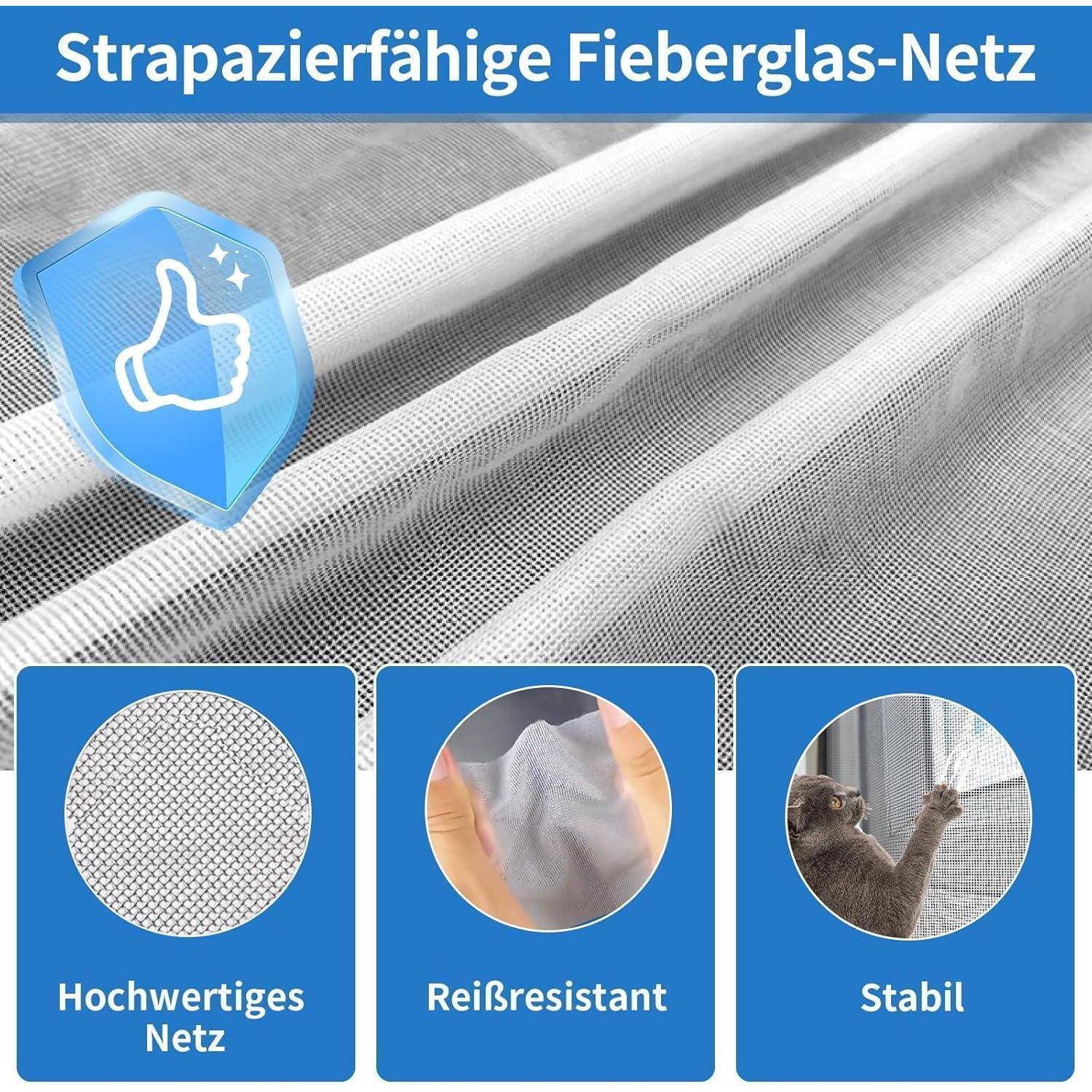 Werbegrafik für reißfestes Glasfasernetz mit Nahaufnahme der Stofftextur und drei mit „Hochwertiges Netz