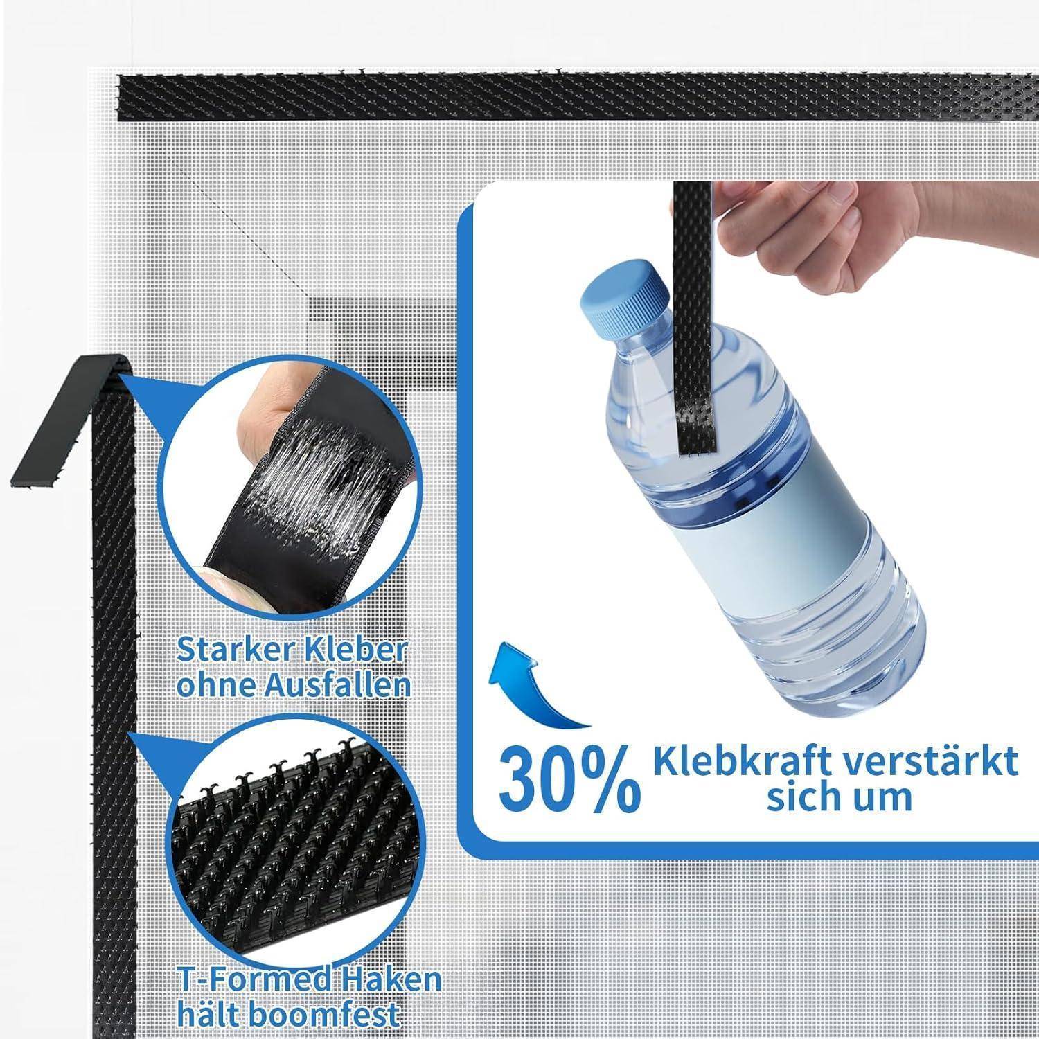Produktanzeige, die eine Hand zeigt, die eine Wasserflasche mit schwarzem Klettverschluss hebt; deutscher Text sagt „30% Klebkraft verstärkt sich um