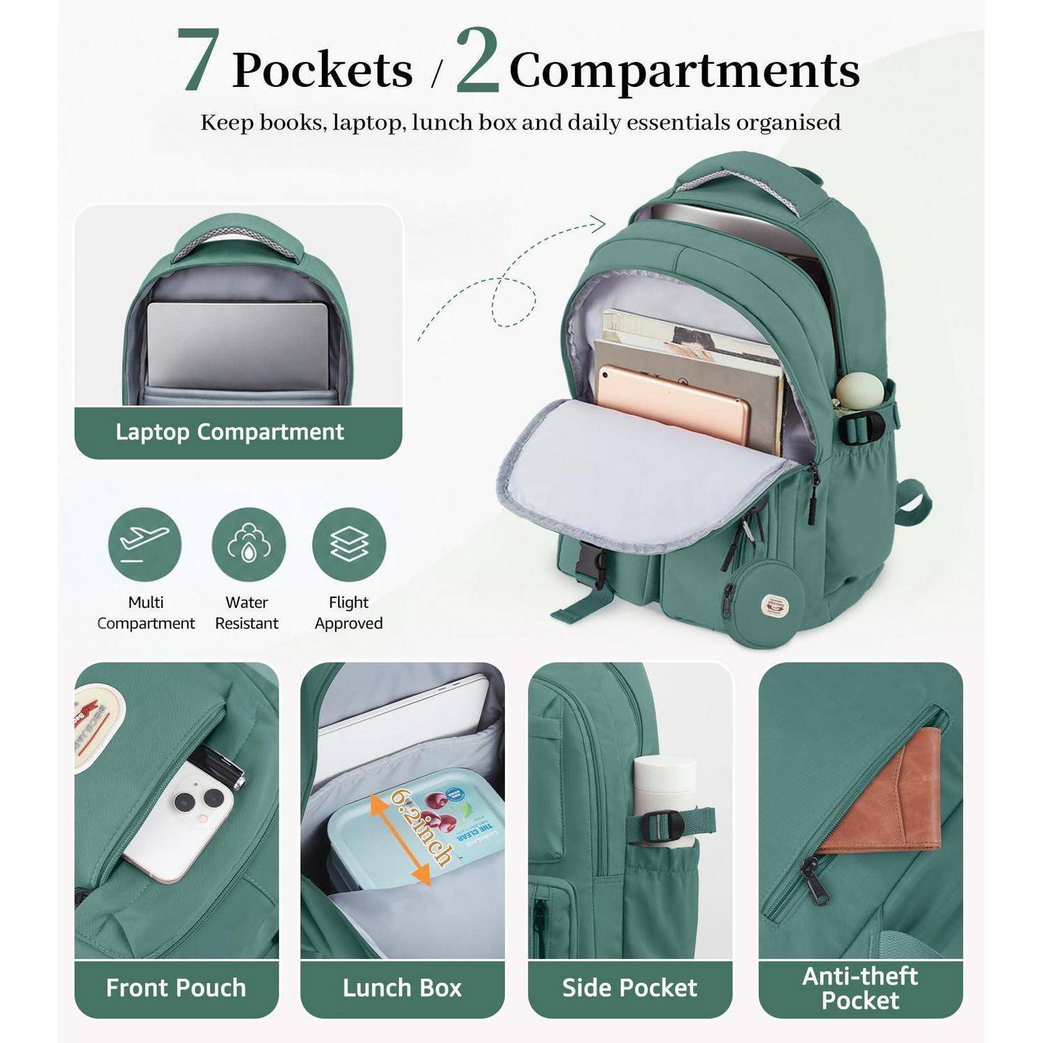BECOJADDE Rucksack Damen 25L mit 15,6" Laptopfach Dunkelgrün