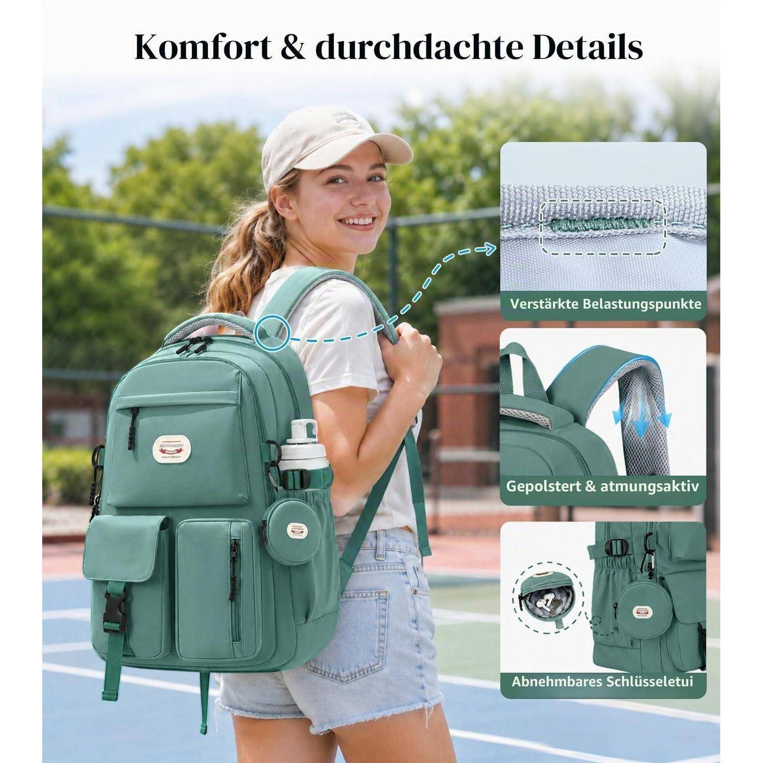 BECOJADDE Rucksack Damen 25L mit 15,6" Laptopfach Dunkelgrün