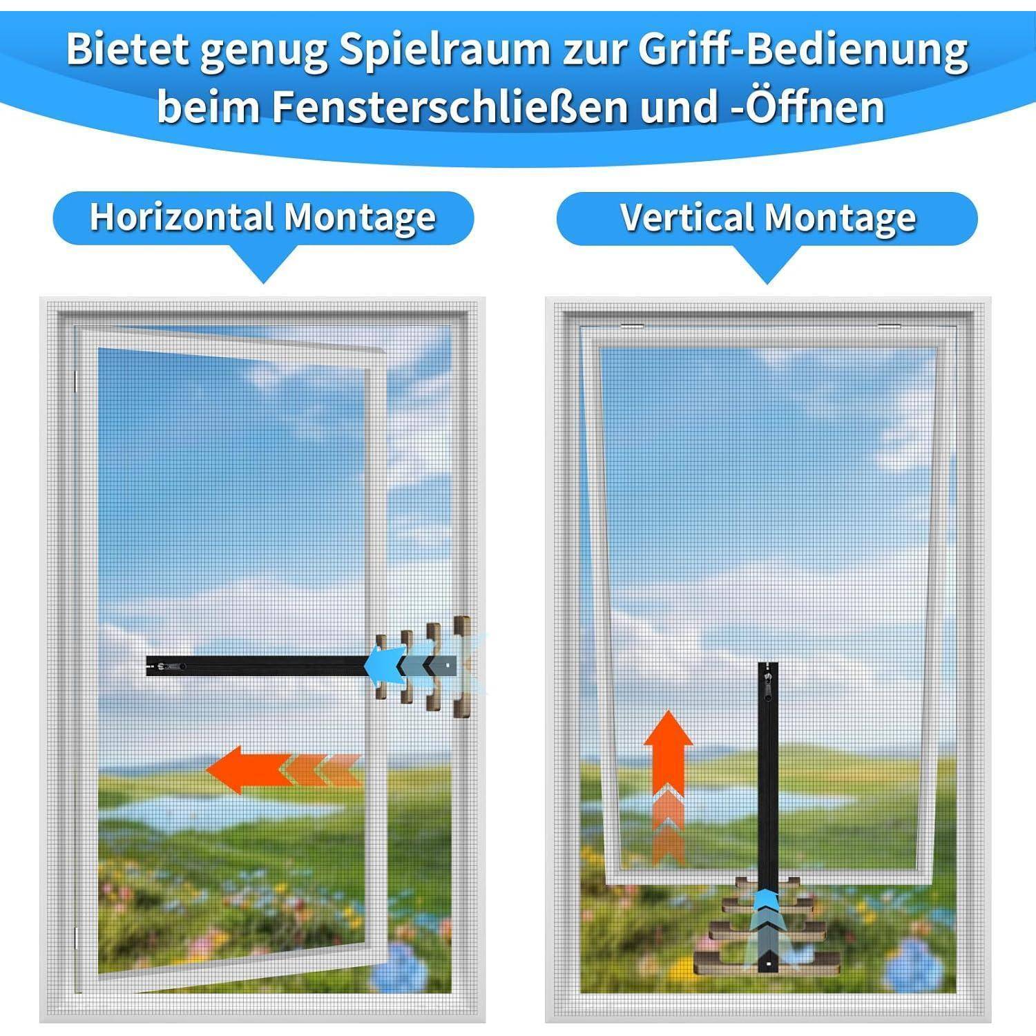 Vergleichsgrafik in Deutsch, die die horizontale und vertikale Fenstergriff-Montage zeigt und ausreichend Platz zum Öffnen und Schließen des Fensters demonstriert.