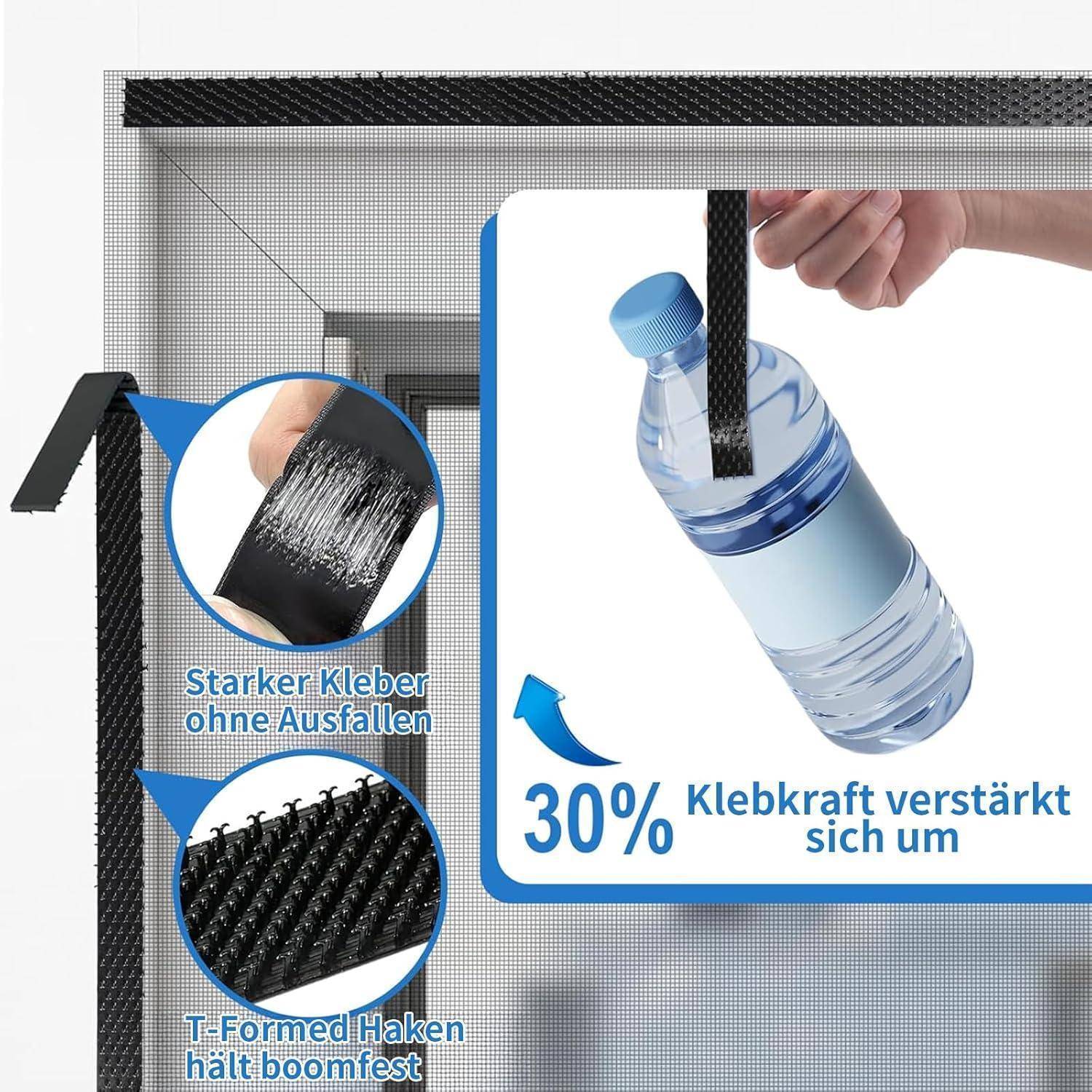 Anzeige, die eine Hand zeigt, die eine an einem Haken und Riemen aufgehängte Flasche hält, und behauptet, dass der Klebstoff 30% stärker ist; vergrößerte Detailaufnahmen zeigen den Leim und den T-förmigen Haken, mit deutschem Text „Starker Kleber ohne Ausfallen