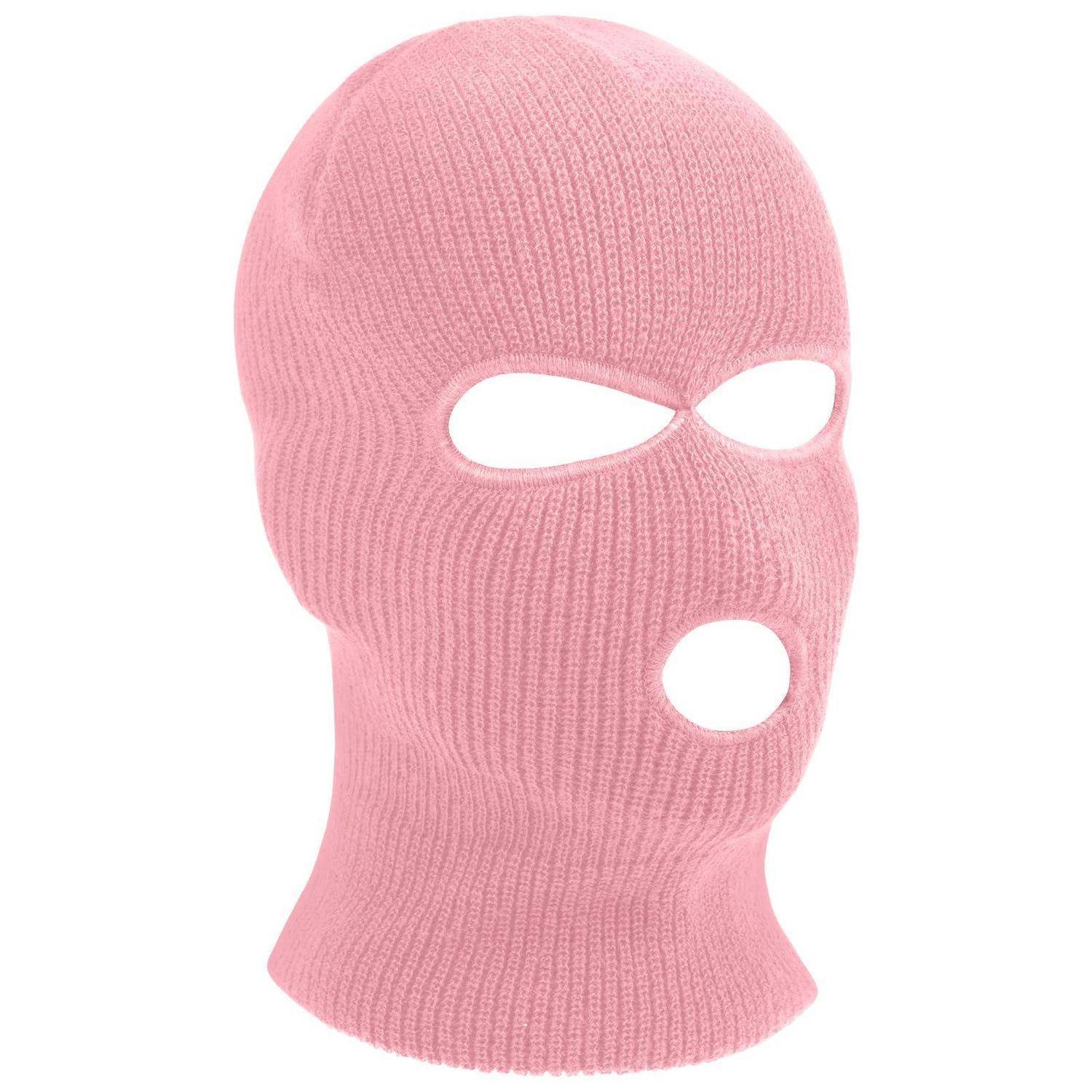 Rosa gestrickte Skimaske/Sturmhaube mit Öffnungen für Augen und Mund, gezeigt vor einem einfachen weißen Hintergrund.