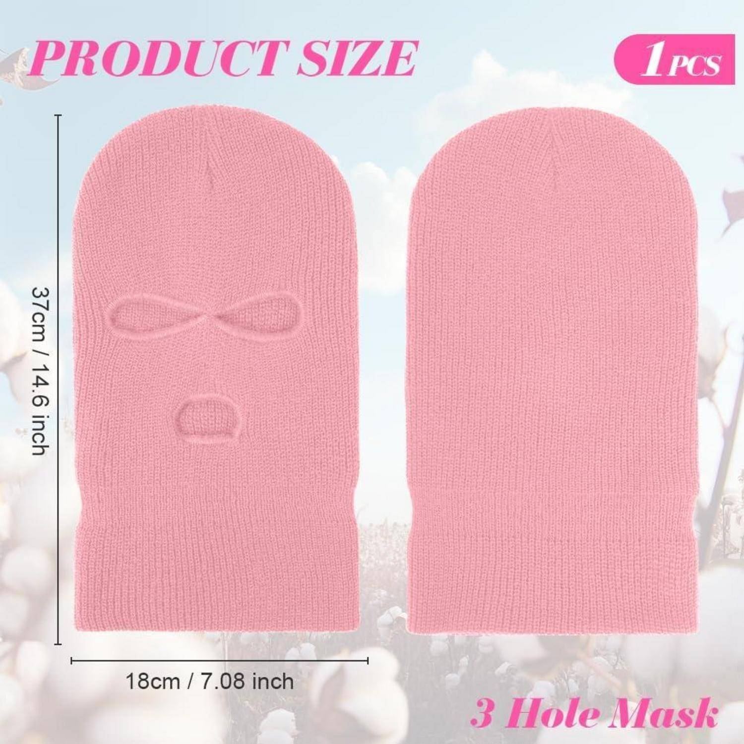 Produktgrößen-Diagramm mit einer rosa 3-Loch-Maske, Vorder- und Rückansicht, beschriftet mit 37 cm Höhe und 18 cm Breite; 1 Stück.