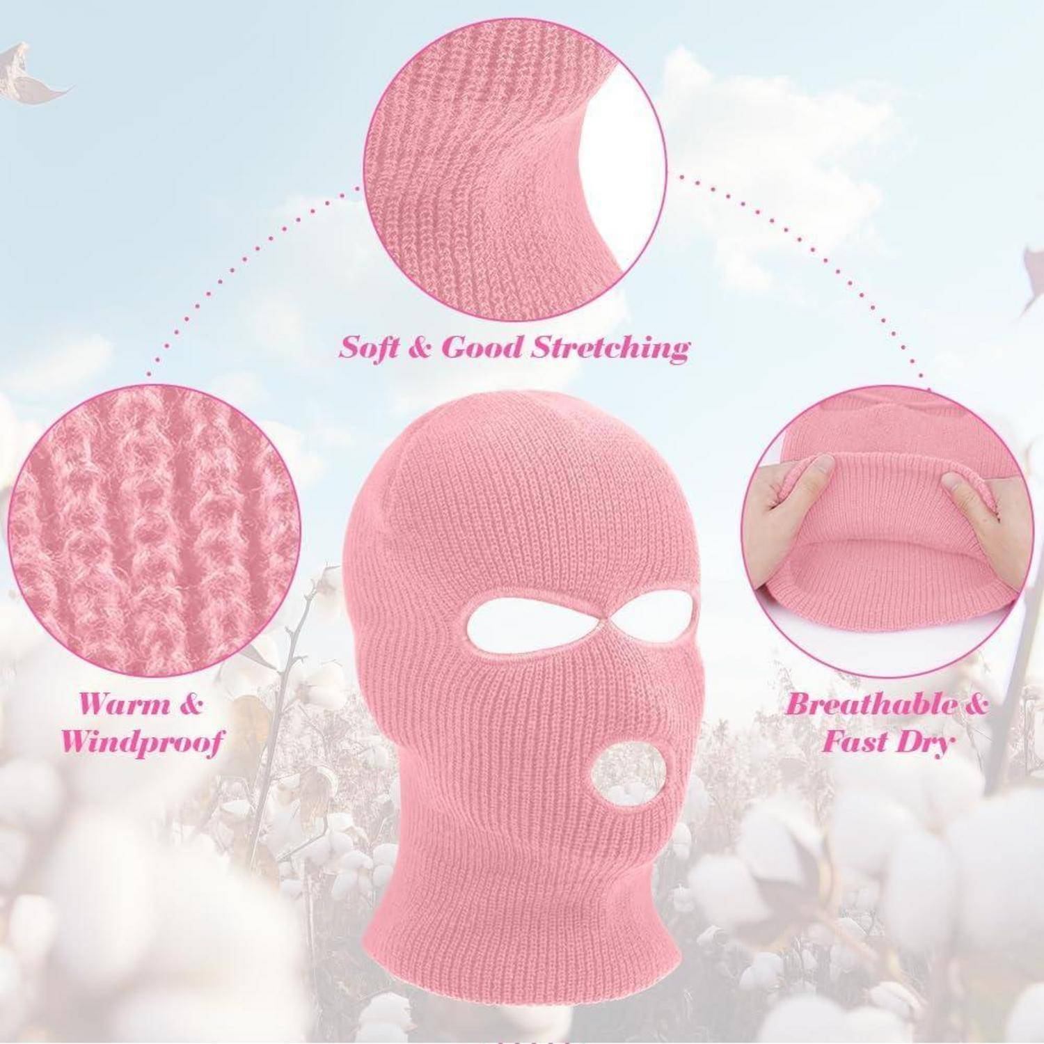 Rosa Strick-Sturmhaube mit Gesichtsmaske gezeigt mit Hinweisen für „Weich & Gutes Dehnvermögen", „Warm & Winddicht"" und „Atmungsaktiv & Schnelltrocknend"".