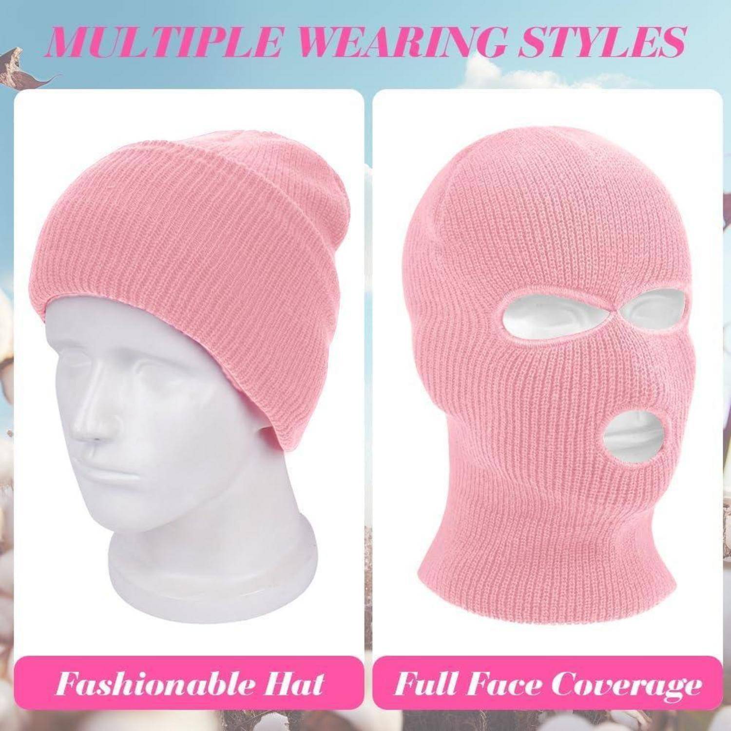Produktbild, das eine rosa gestrickte Beanie zeigt, die als modisches Hut getragen oder als vollständige Ski-Gesichtsmaske mit Augen- und Mundöffnungen heruntergeogen wird.