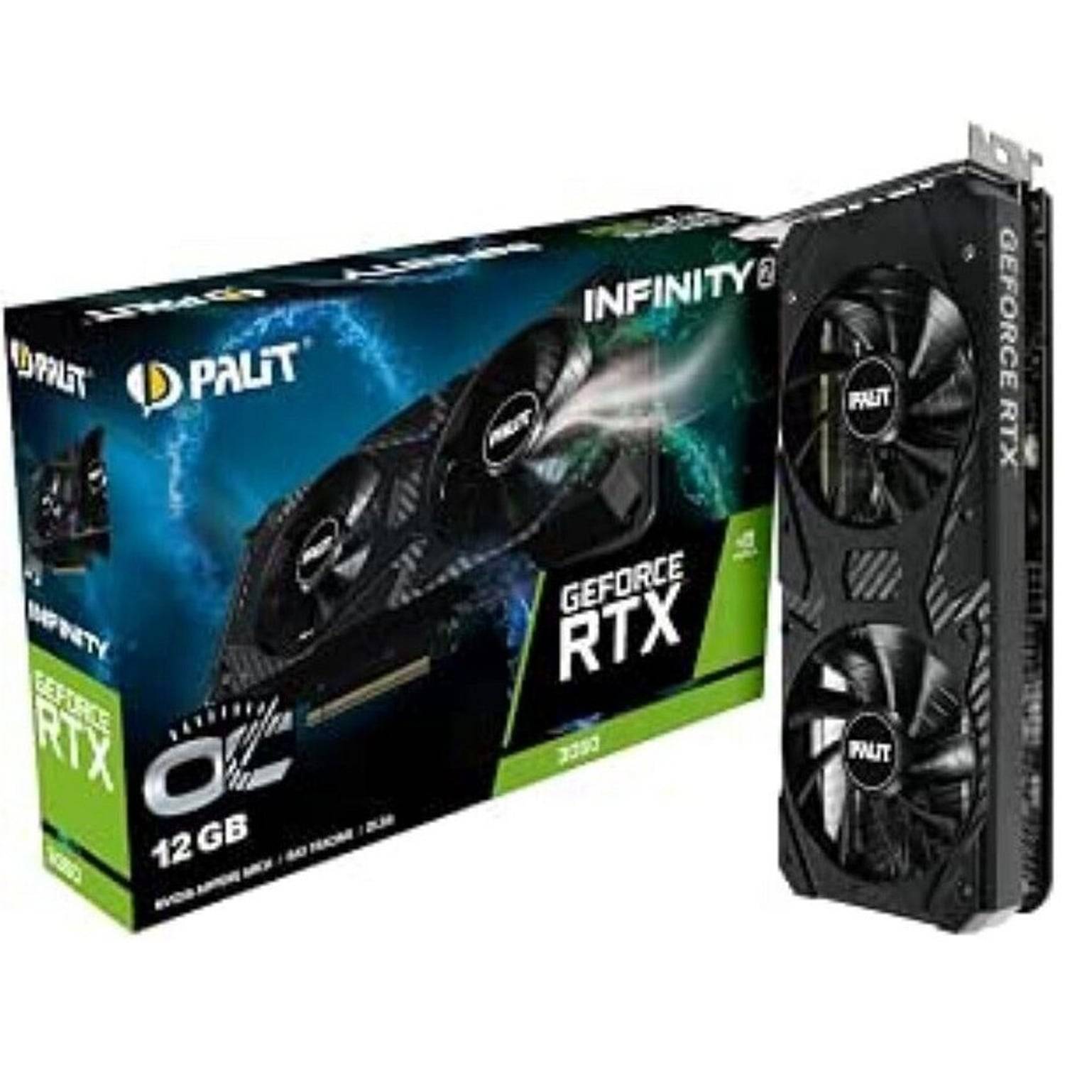 Palit GeForce RTX Infinity 12GB Grafikkarte neben ihrer Einzelhandelsverpackung auf weißem Hintergrund.