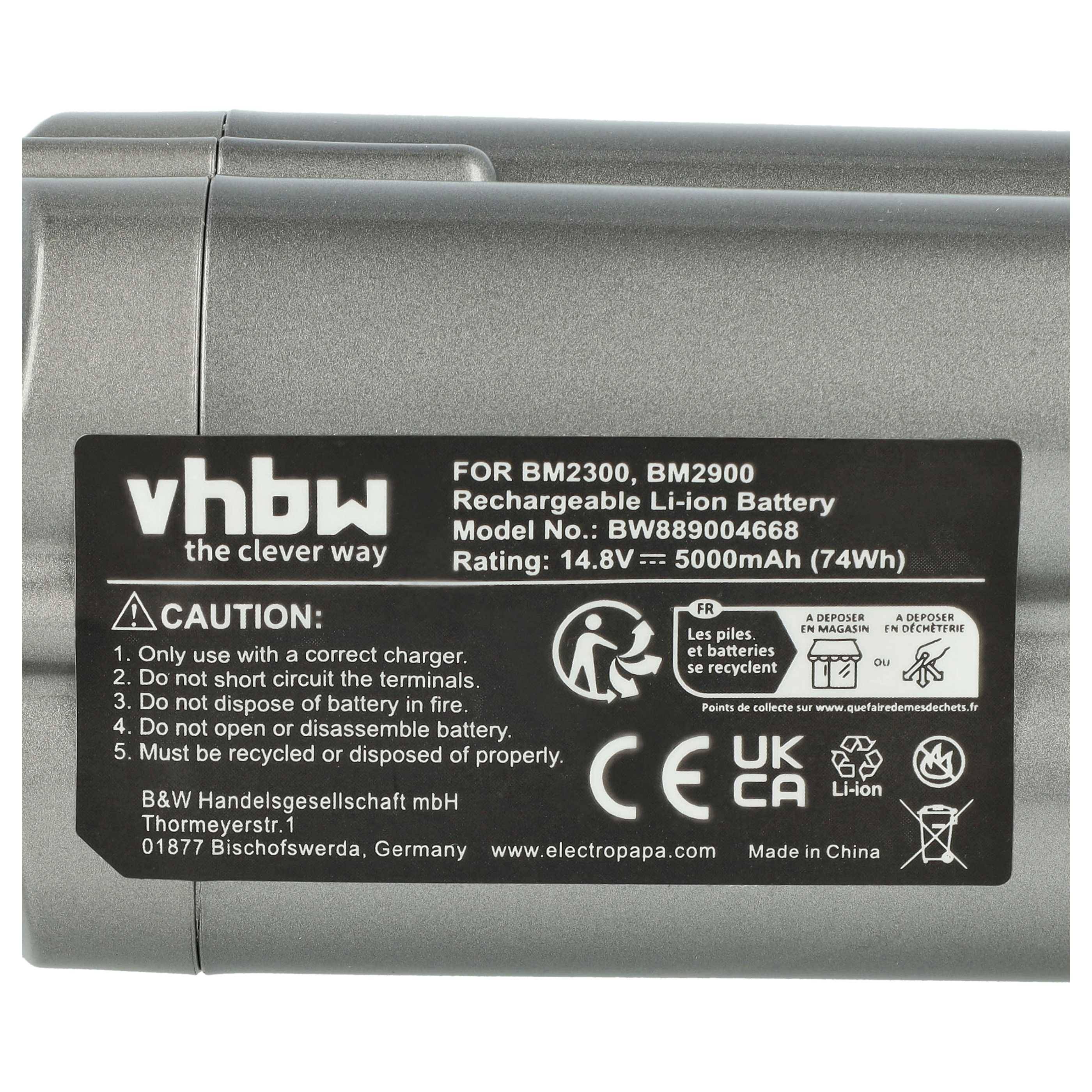 Grau vhbw aufladbare Li-Ionen-Batterie mit Bezeichnung für BM2300/BM2900, Modell BW889004668, 14,8V 5000mAh (74Wh), mit Sicherheitswarnungen und Recycling-Symbolen.