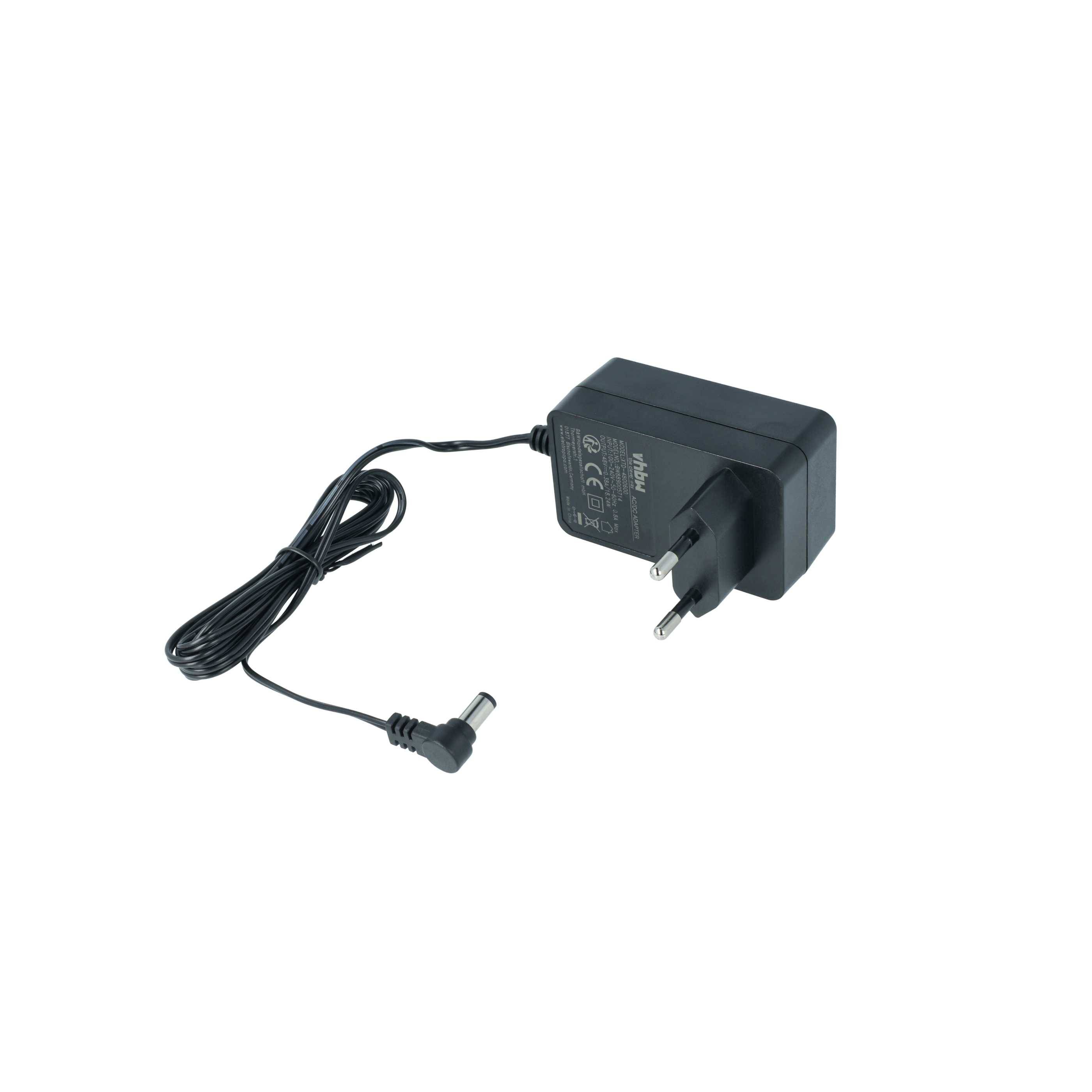 Schwarzer AC-Stromadapter mit angebrachtem Kabel und Winkelstecker auf weißem Hintergrund.