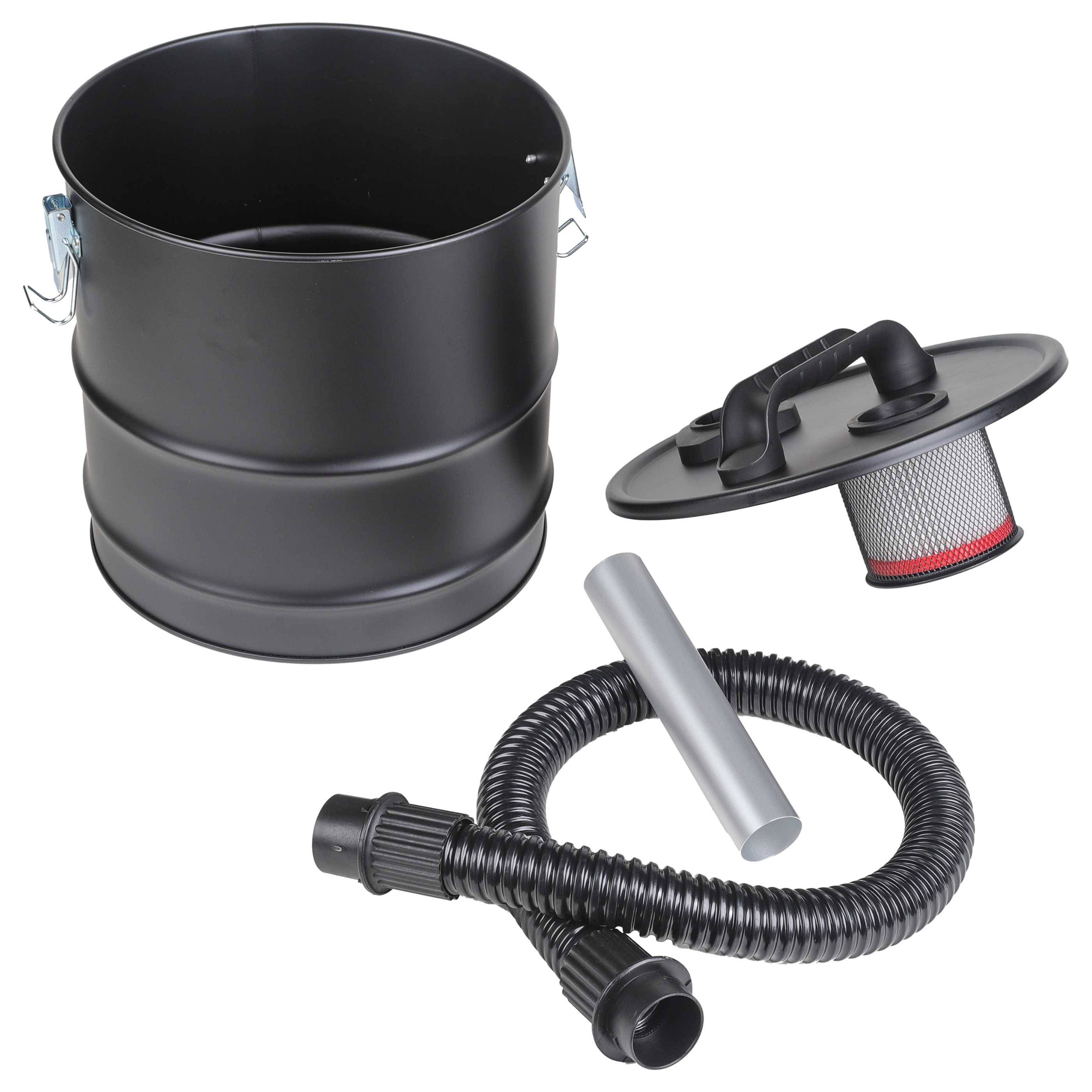 Schwarzer Metalleimer mit Deckel, Filter, Schlauch und Düse für ein Vakuum- oder Aschesauger-Set.