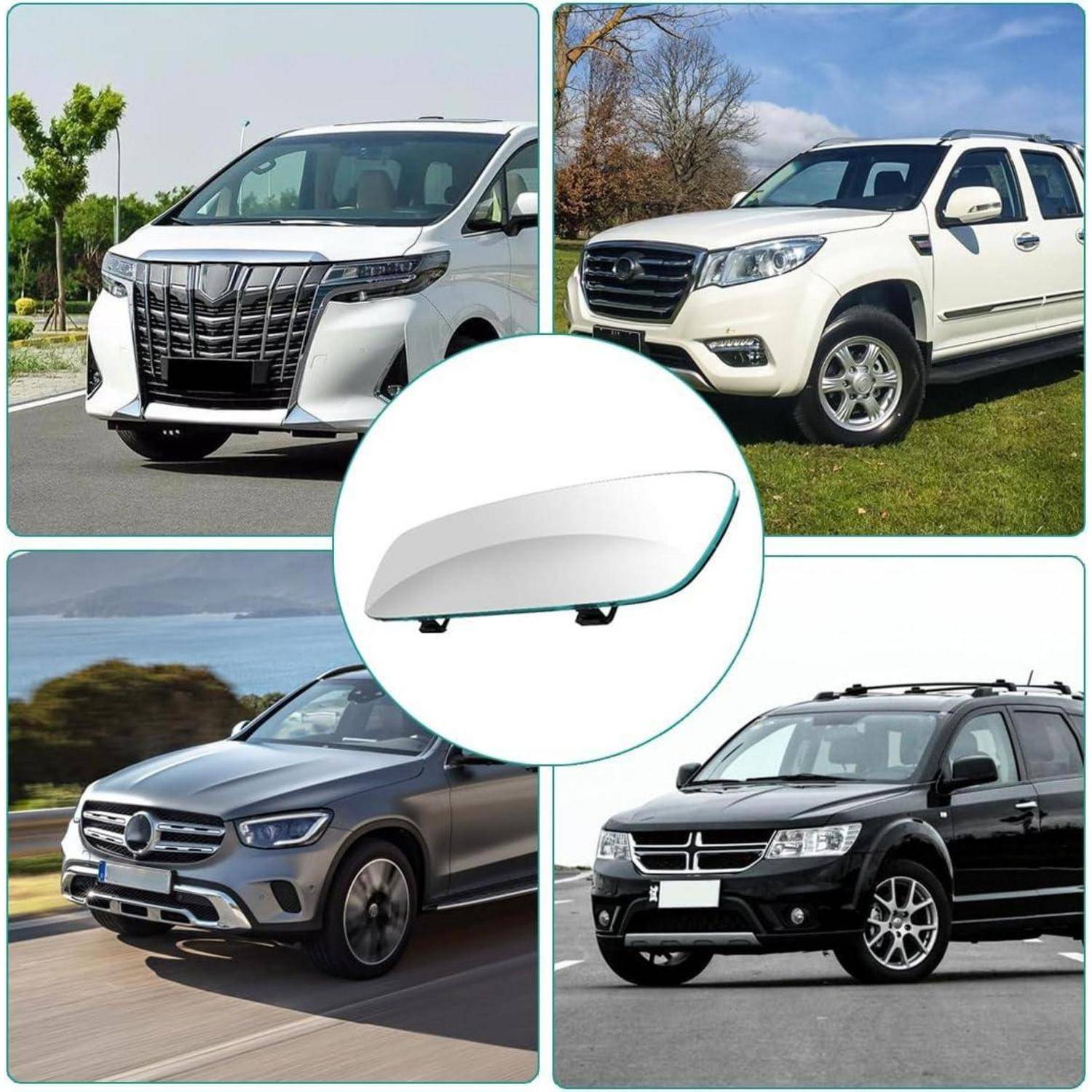 Collage aus vier SUVs und einem zentralen Bild einer weißen Dachspoiler, die ein Automobil-Zubehörteil für diese Fahrzeuge zeigt.