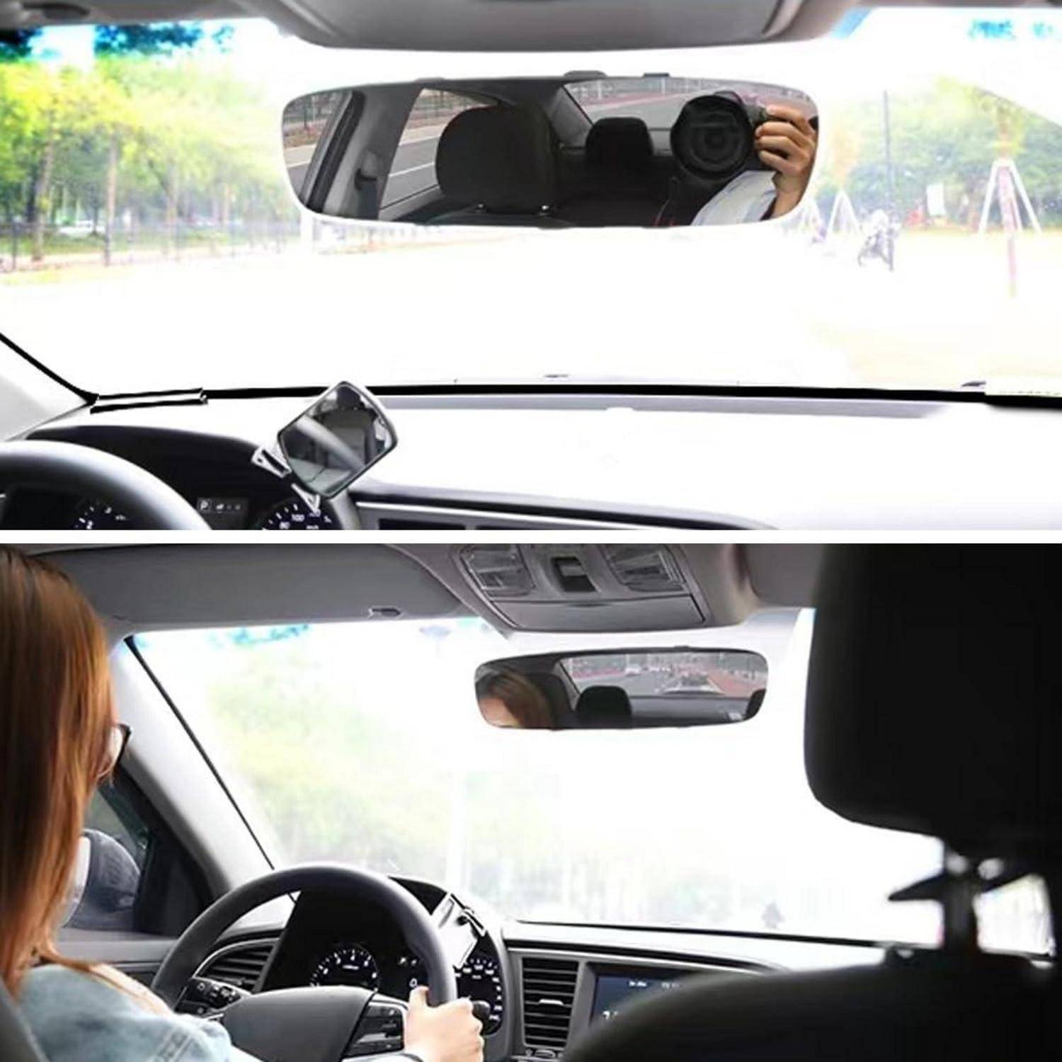 Geteilte Ansicht aus dem Inneren eines Autos, die zeigt, dass die Windschutzscheibe im oberen Bild durch Blendung/Nebel undurchsichtig wird, während das untere Bild eine klarere Ansicht mit Fahrer und Armaturenbrett zeigt.