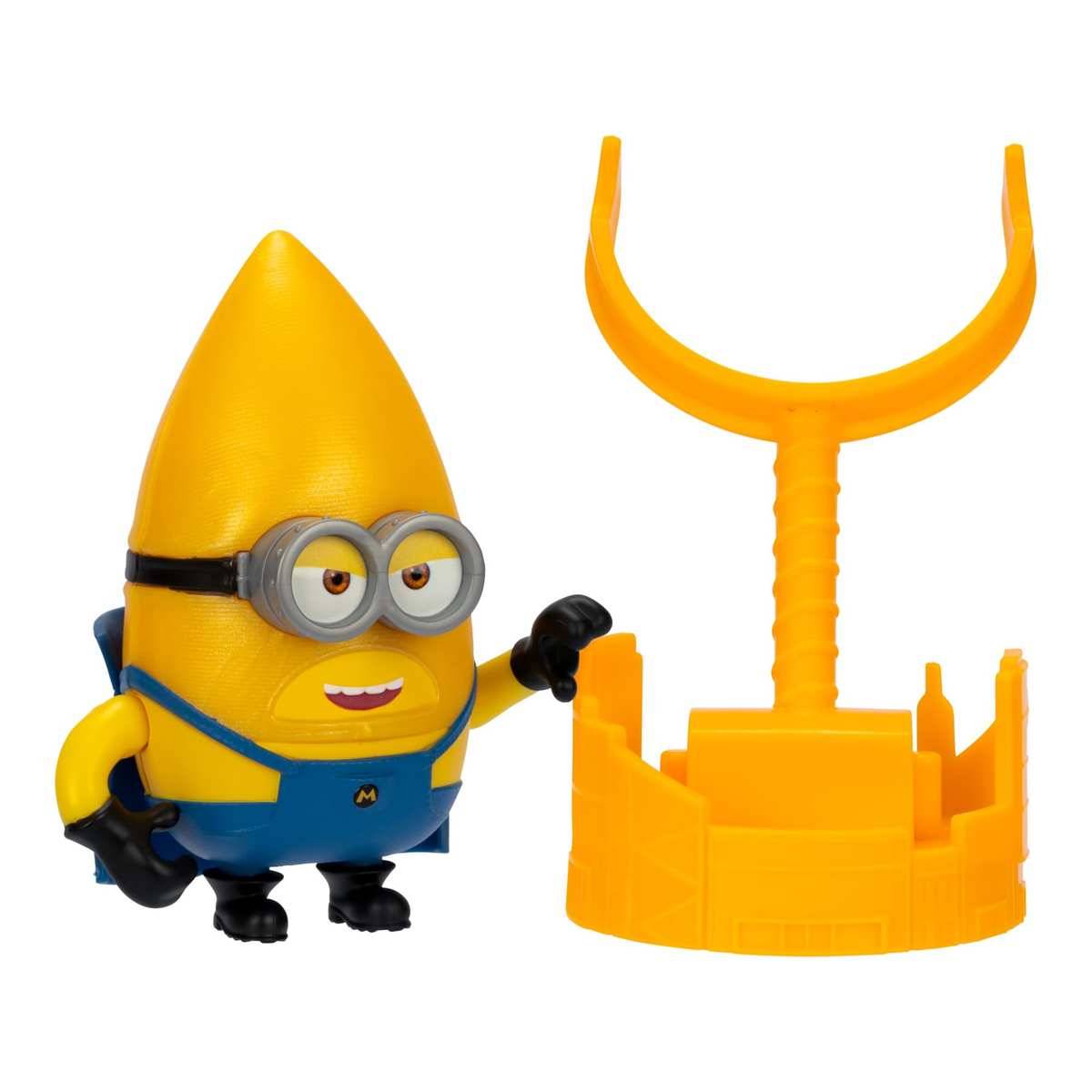 Ein Minion-Spielzeug steht neben einer gelben Kunststoffbasis mit einem U-förmigen Katapult oder einer Befestigung oben.