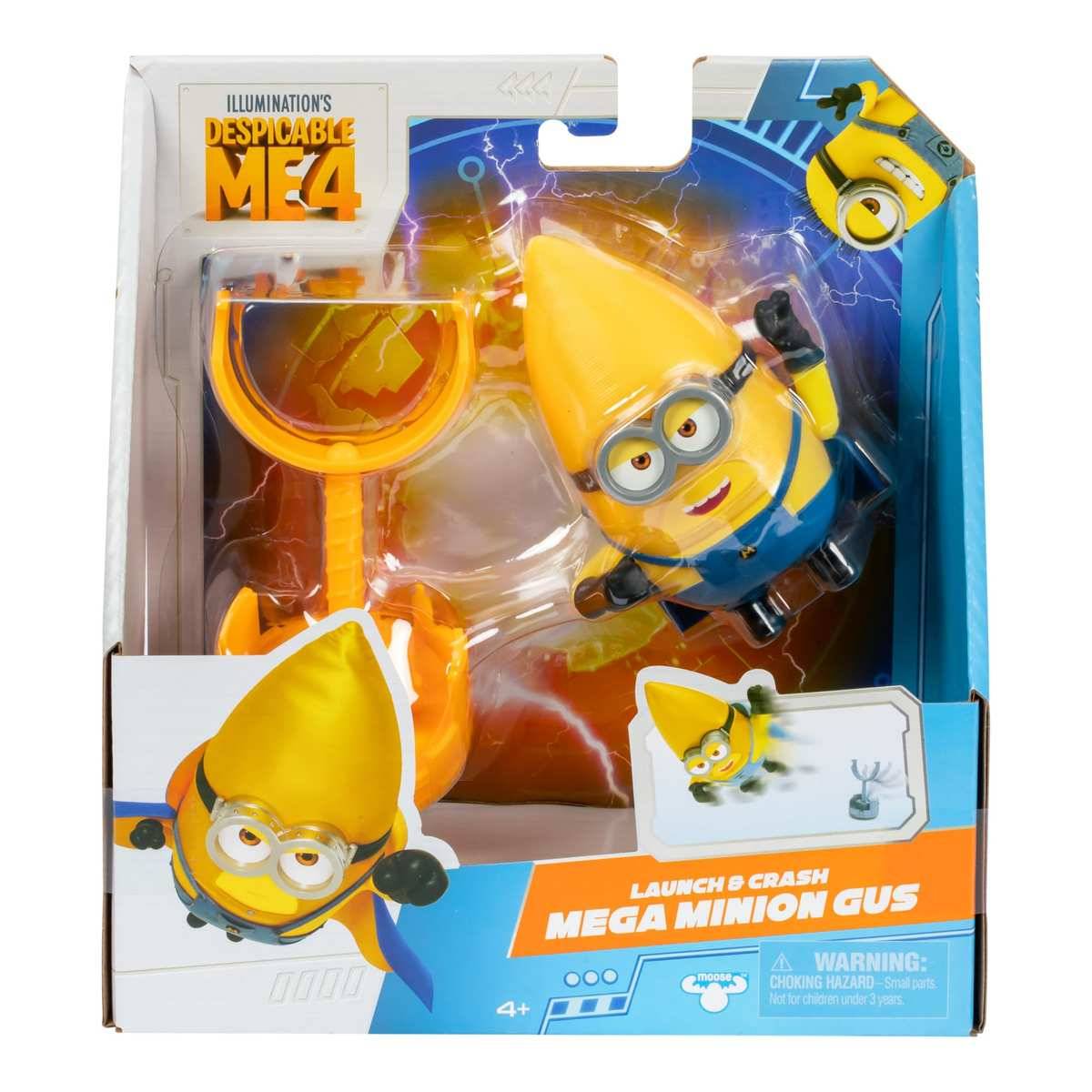 Verpackte Beleuchtung Despicable Me 4 Spielzeugset, das Launch n Crash Mega Minion Gus zeigt, mit Figur und Abschussvorrichtung in einer Schachtel mit klarer Vorderseite.