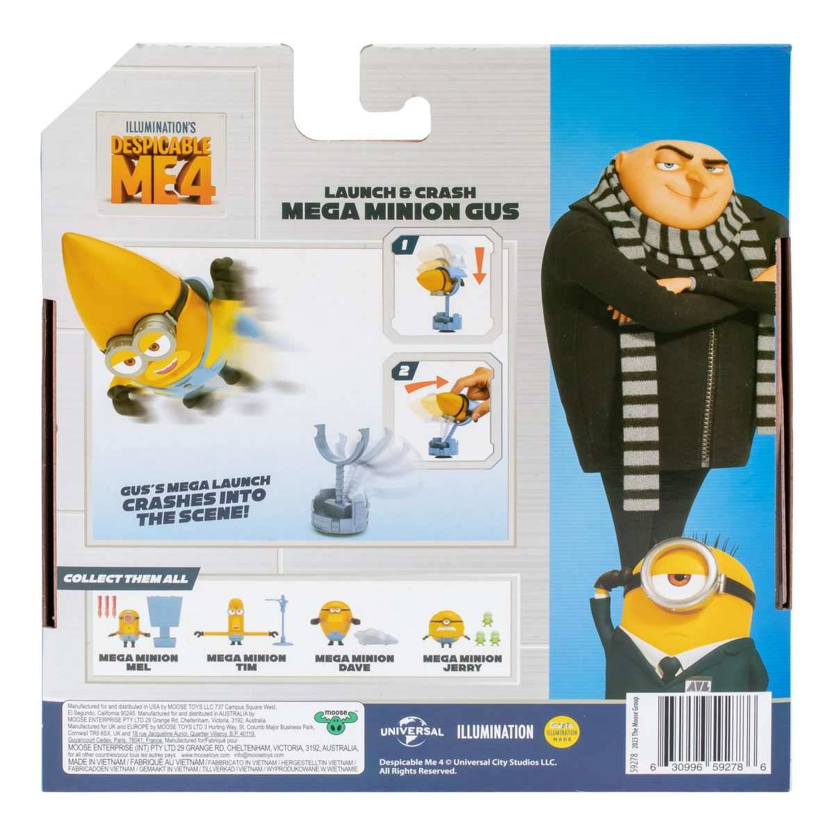 Spielzeugverpackung für 'Despicable Me 4' 'Launch & Crash Mega Minion Gus', auf der Gus in eine Absturzszene startet und andere sammelbare Mega Minions gezeigt werden.