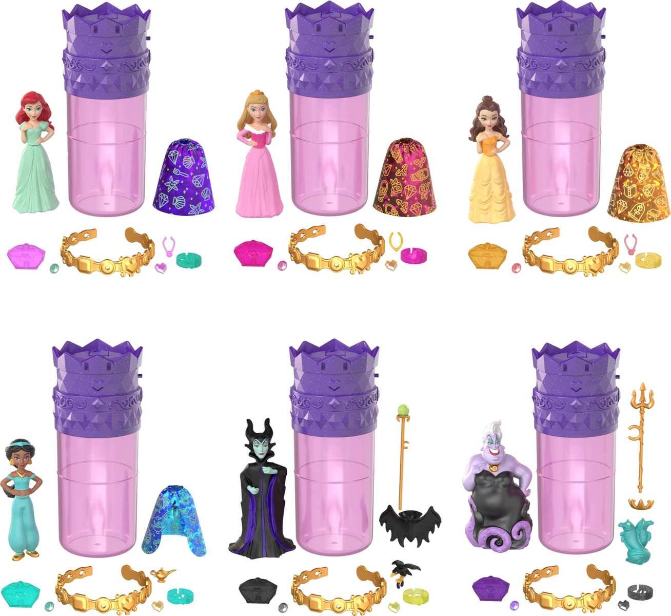 Satz aus sechs Disney Prinzessinnen- und Bösewicht-Kapselspielzeugsets, jeweils mit einer kleinen Figur, einem hohen purpurrosa Behälter, einem geschmückten Umhang und passenden Zubehörteilen.