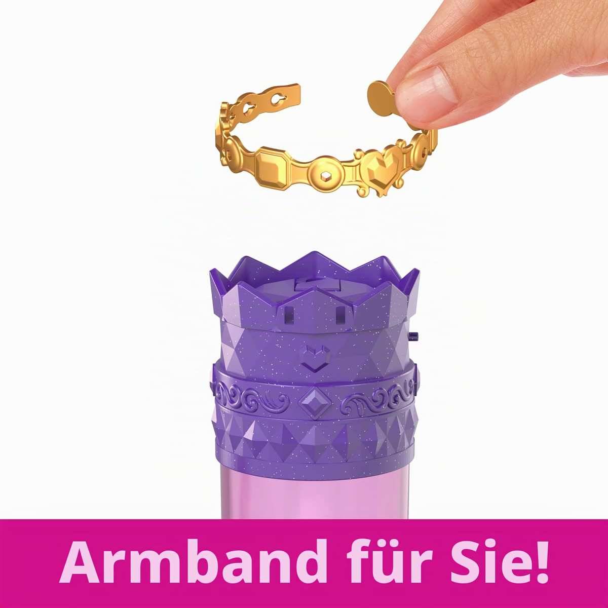 Hand legt ein goldenes Armband über einen violetten kronenförmigen Spielzeugbehälter; das Bannertextet lautet „Armband für Sie!