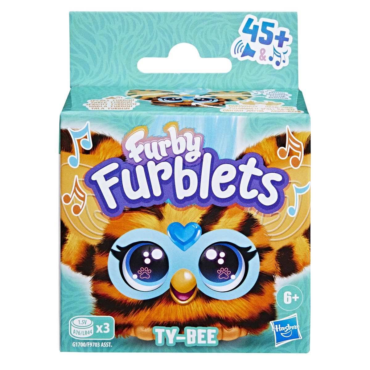 Verpackung für Furby Furblets Spielzeug, 'TY-BEE', mit '45+ Sounds' und Altersangabe ab 6 Jahren.