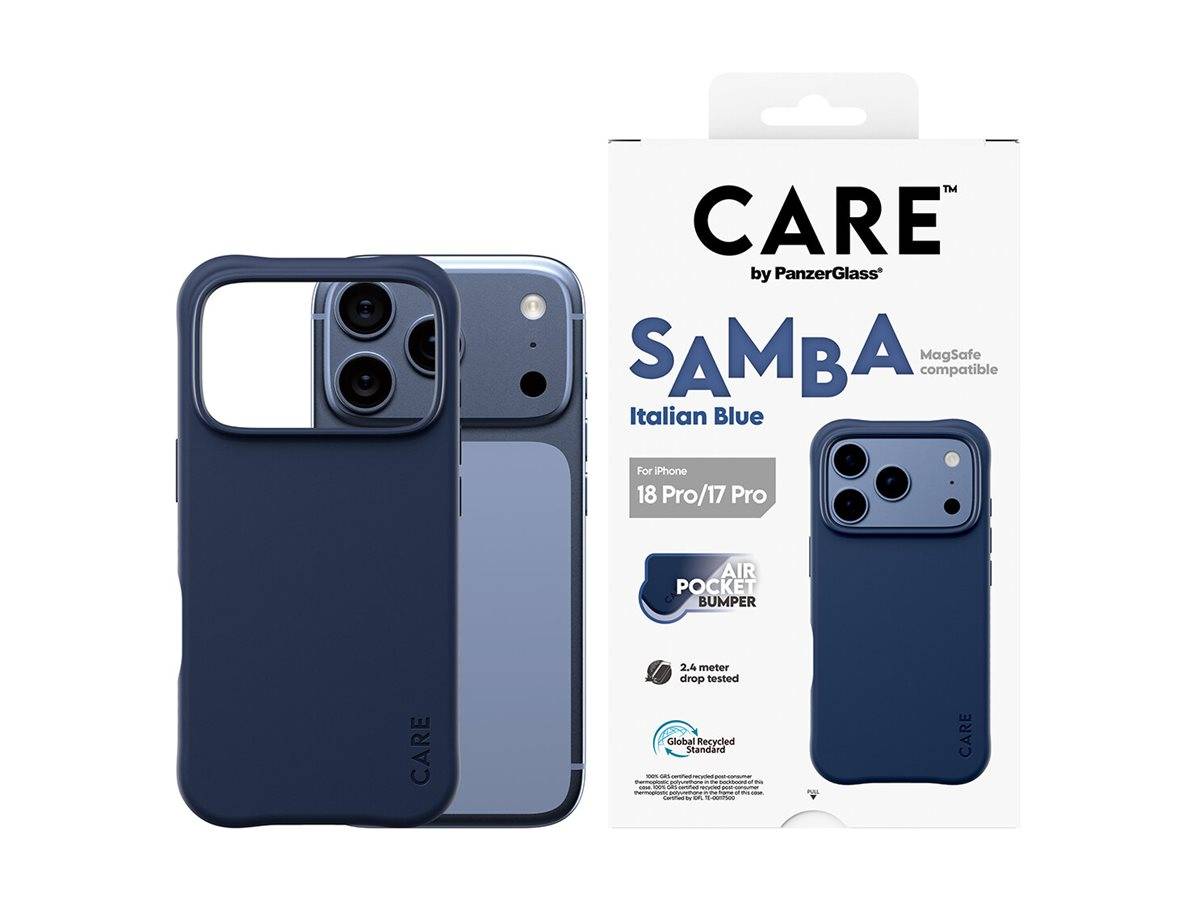 Verpackte blaue CARE SAMBA italienische blaue MagSafe-kompatible iPhone-Hülle, gezeigt mit iPhone-Mockup; zeigt Luftpolster-Stoßfänger und Schutz vor Stürzen aus 2,4 Metern.