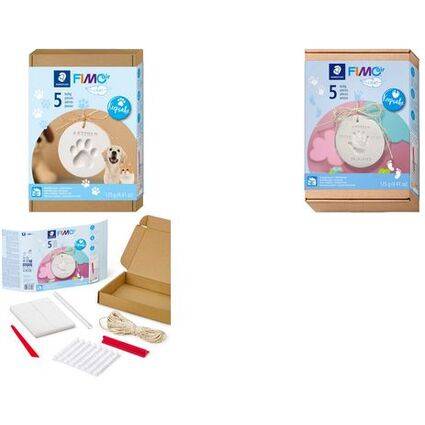Zwei verpackte DIY-Haustierhausbausätze werden gezeigt, wobei ein Paket unten offen angezeigt wird und Anweisungen, Kartonteile, Werkzeuge und Seil zum Zusammenbau zeigt.