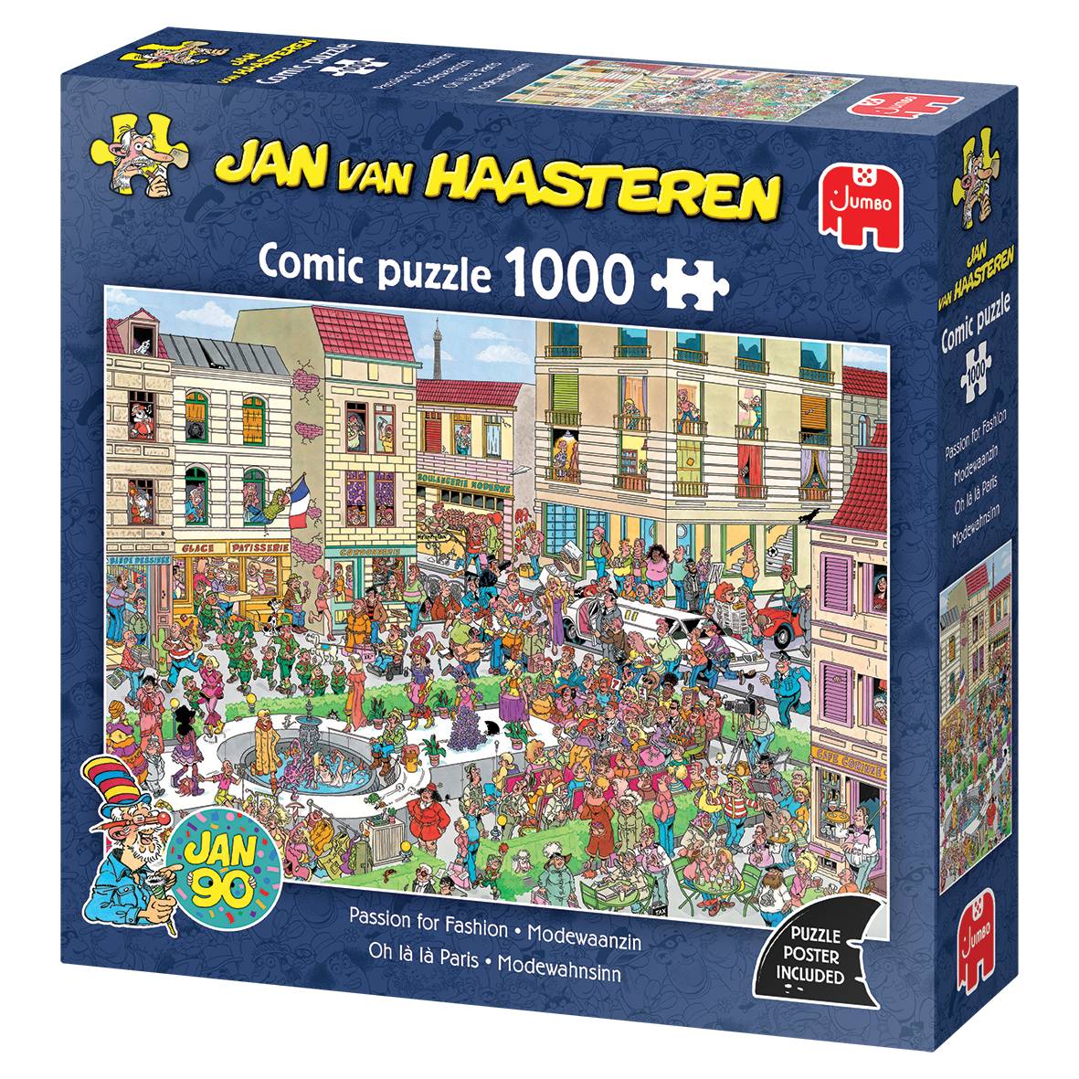 Karton mit Jan van Haasteren Comic-Puzzle mit 1000 Teilen, zeigt eine belebte Marktplatz-Modeszene mit vielen Cartoon-Personen und Gebäuden.