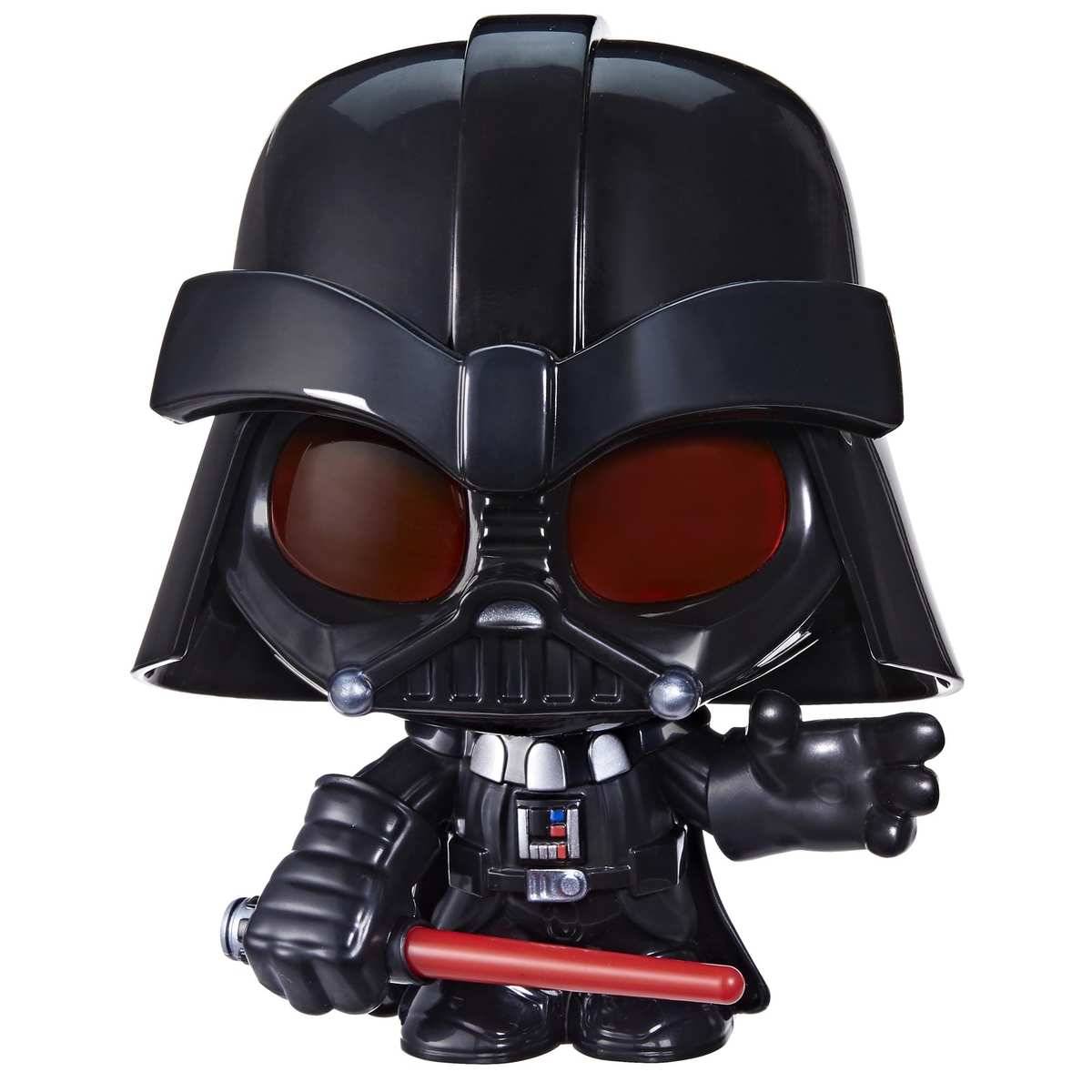 Stilisierte Darth-Vader-Figur mit roten Augen, erhobener Hand und rotem Lichtschwert auf weißem Hintergrund.