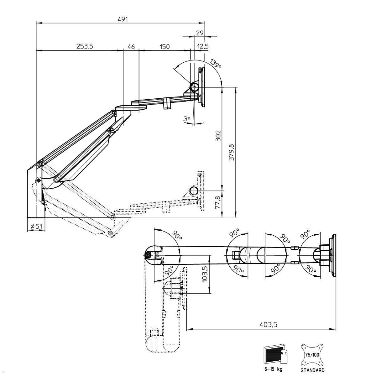 Technische Zeichnung eines gelenkigen wandmontierten Arms mit Abmessungen, Winkeln und eingeklappter sowie ausgeklappter Position für eine Monitor- oder Lampenhalterung.