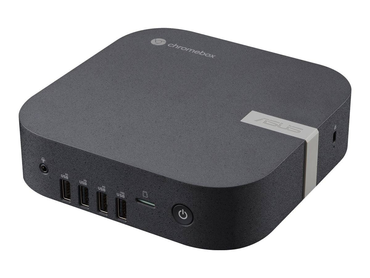 Schwarzer ASUS Chromebox Mini-Desktop-Computer mit USB-Anschlüssen an der Vorderseite, Audiobuchse und Ein-/Ausschalter auf weißem Hintergrund