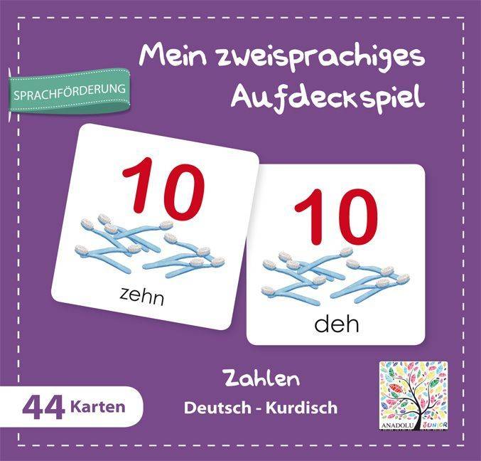 Violetter Umschlag für ein zweisprachiges Deutsch-Kurdisch-Zuordnungsspiel, das zwei Karten mit der Nummer 10 und den Wörtern „zehn