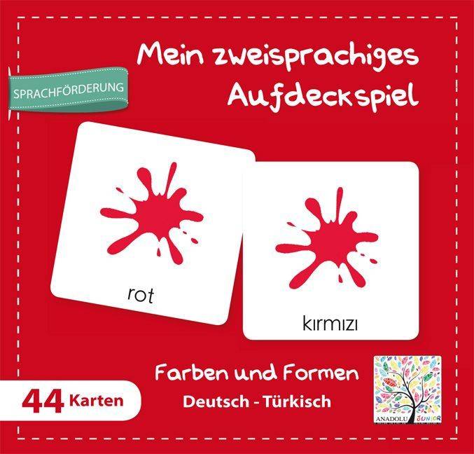 Umschlag eines zweisprachigen deutsch-türkischen Farb- und Formenabgleichspiels, das das Wort „rot