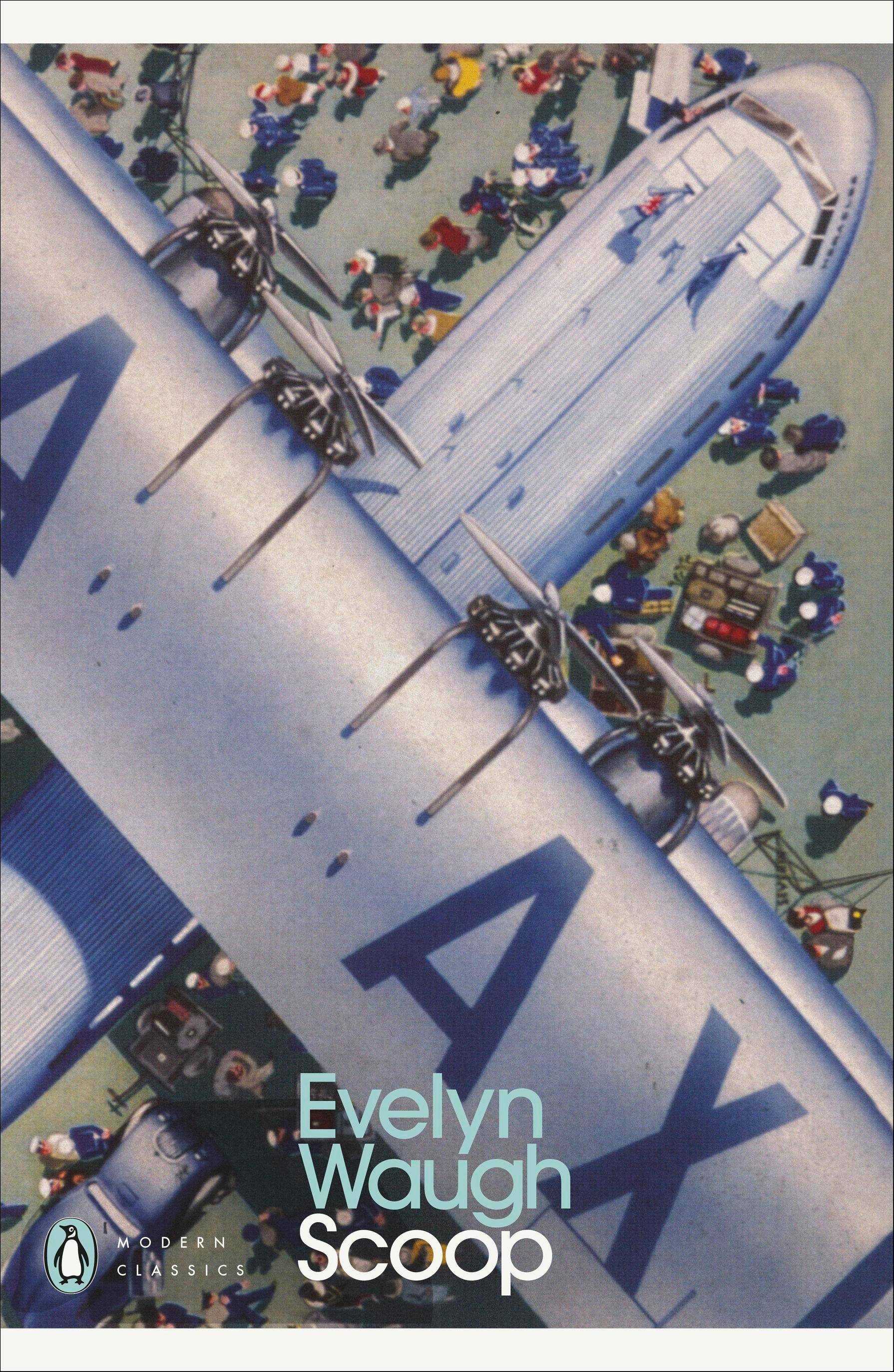 Buchcover für Evelyn Waughs 'Scoop', zeigt eine Vogelperspektive eines Flugzeugs mit Menschenmassen darunter und dem Titel unten.