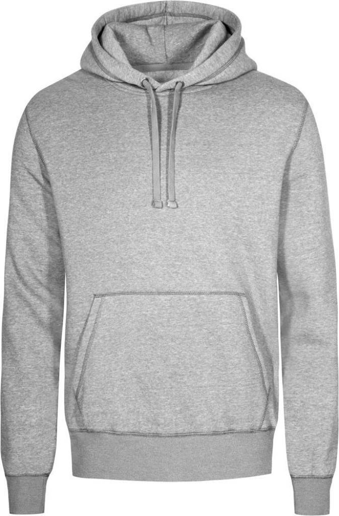 Hellgrauer Kapuzenpullover mit vorderer Känguru-Tasche und Kordelzug-Kapuze, frontal auf weißem Hintergrund abgebildet.